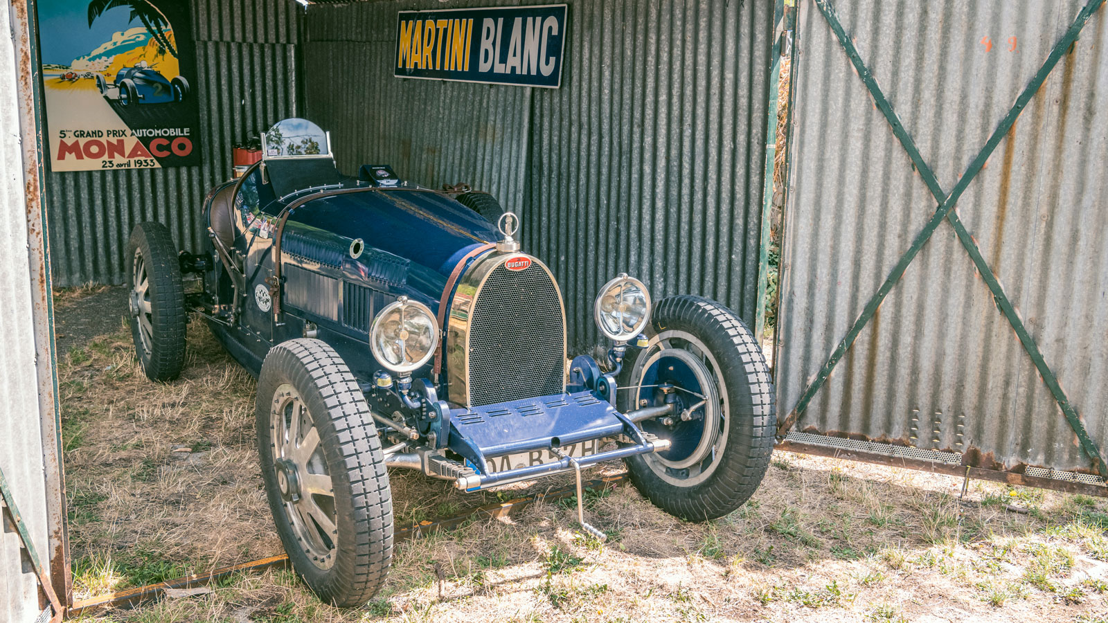 A photo of a vintage Bugatti Type 35 race car.