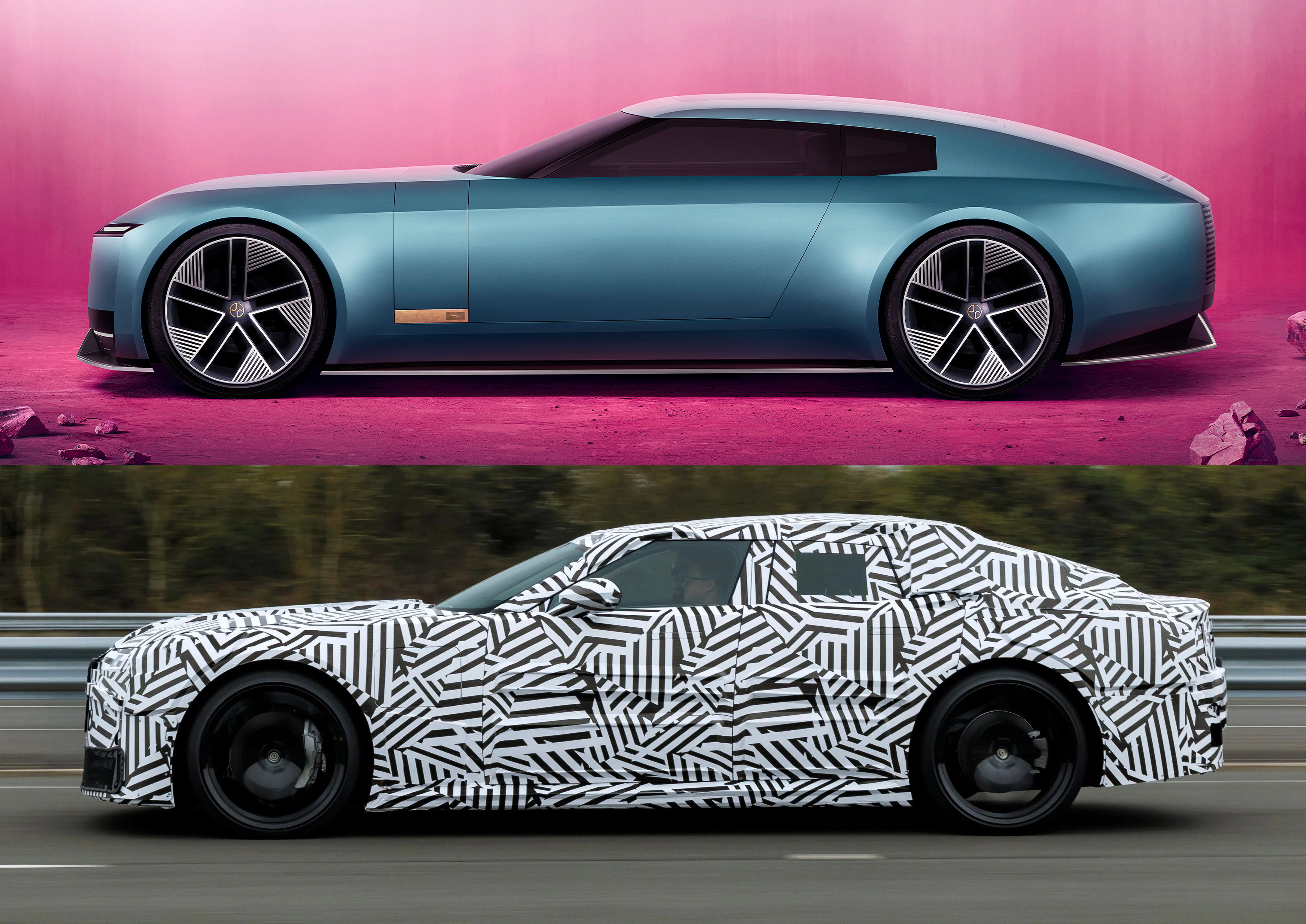 Side view of the blue Jaguar Type 00 concept compared with the Jaguar EV prototype