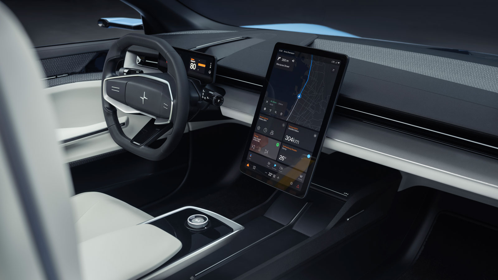 A render of the interior of the Polestar 6 roadster. 