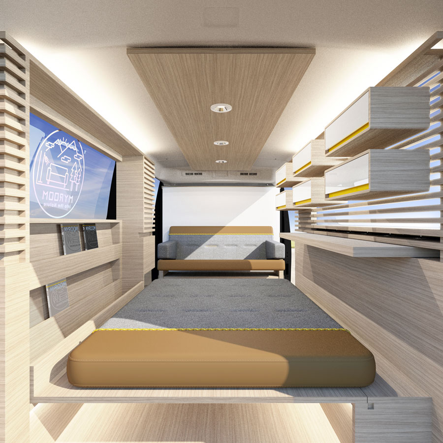 A CGI render of the interior of Nissan's Myroom camper concept 