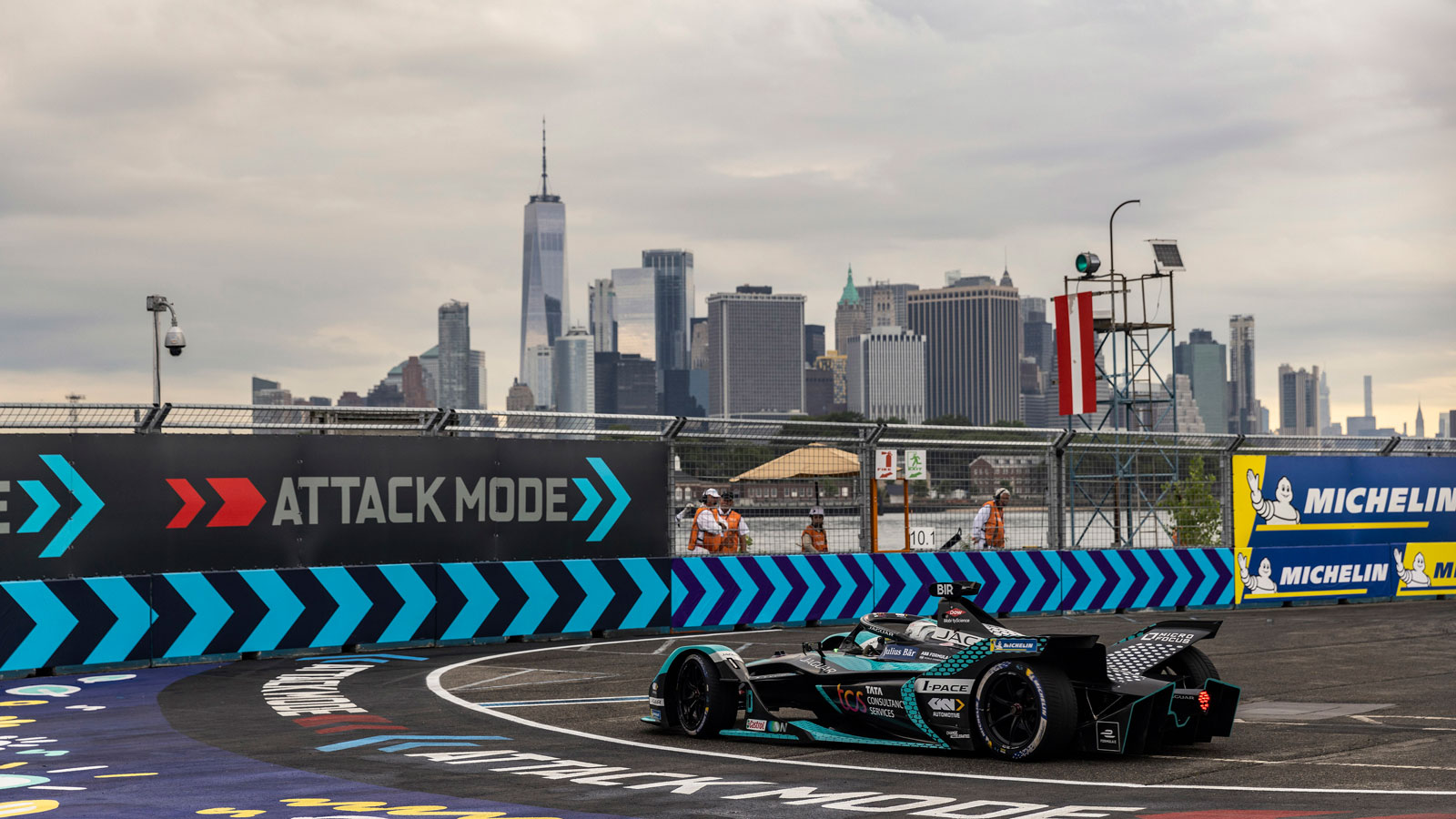 A photo of Jaguar driver Sam Bird racing in New York City. 