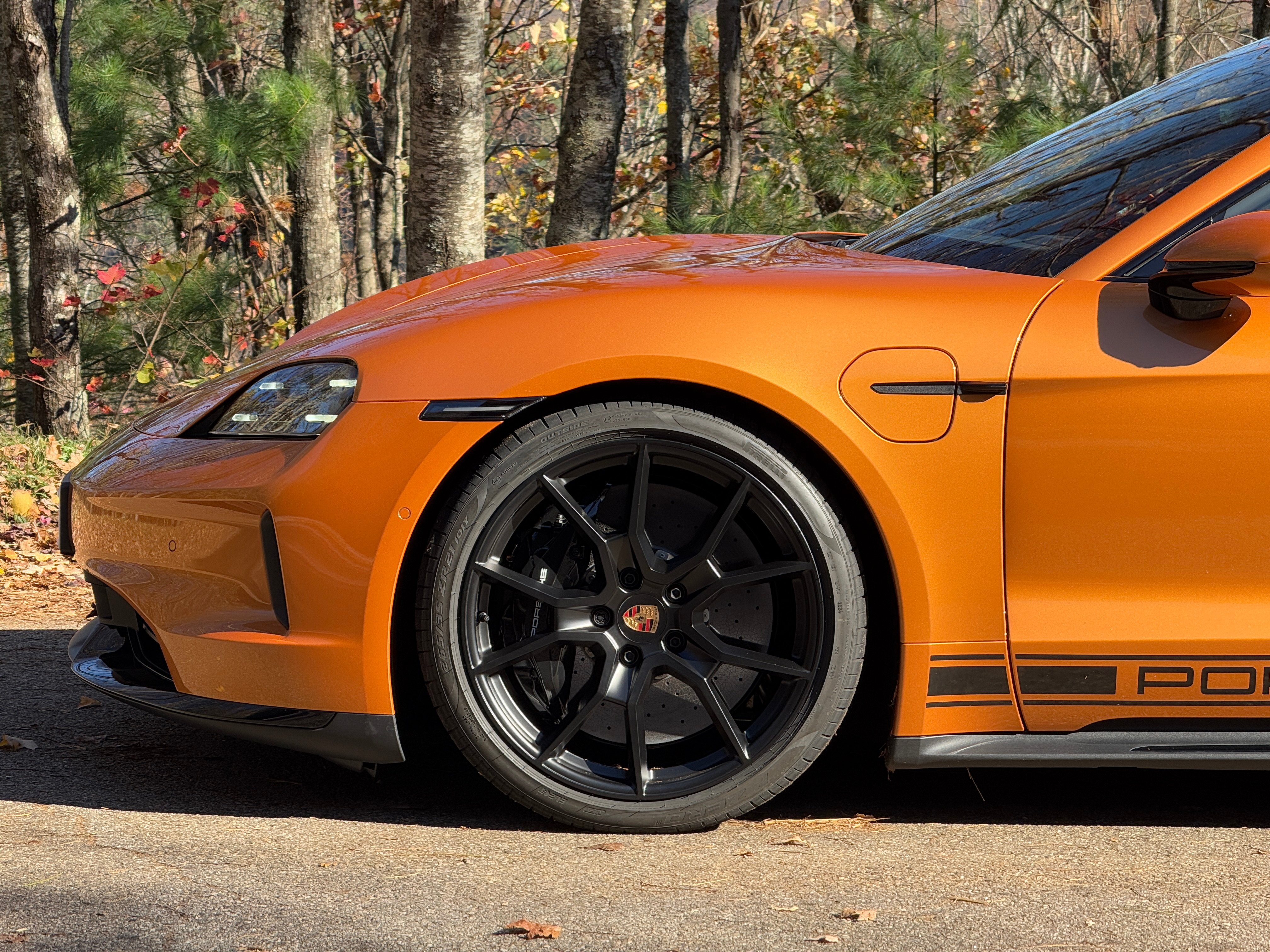 Front wheel of a Nordic Gold 2025 Porsche Taycan GTS sedan