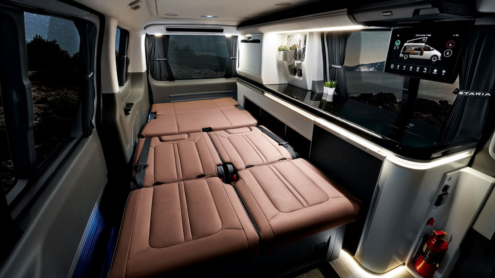 A render of the inside of the Hyundai Staria Lounge Camper van. 