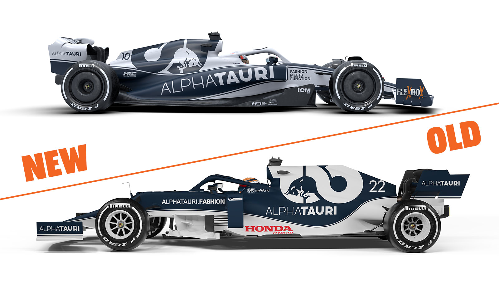 The old Alphatauri F1 car compared to the new one. 