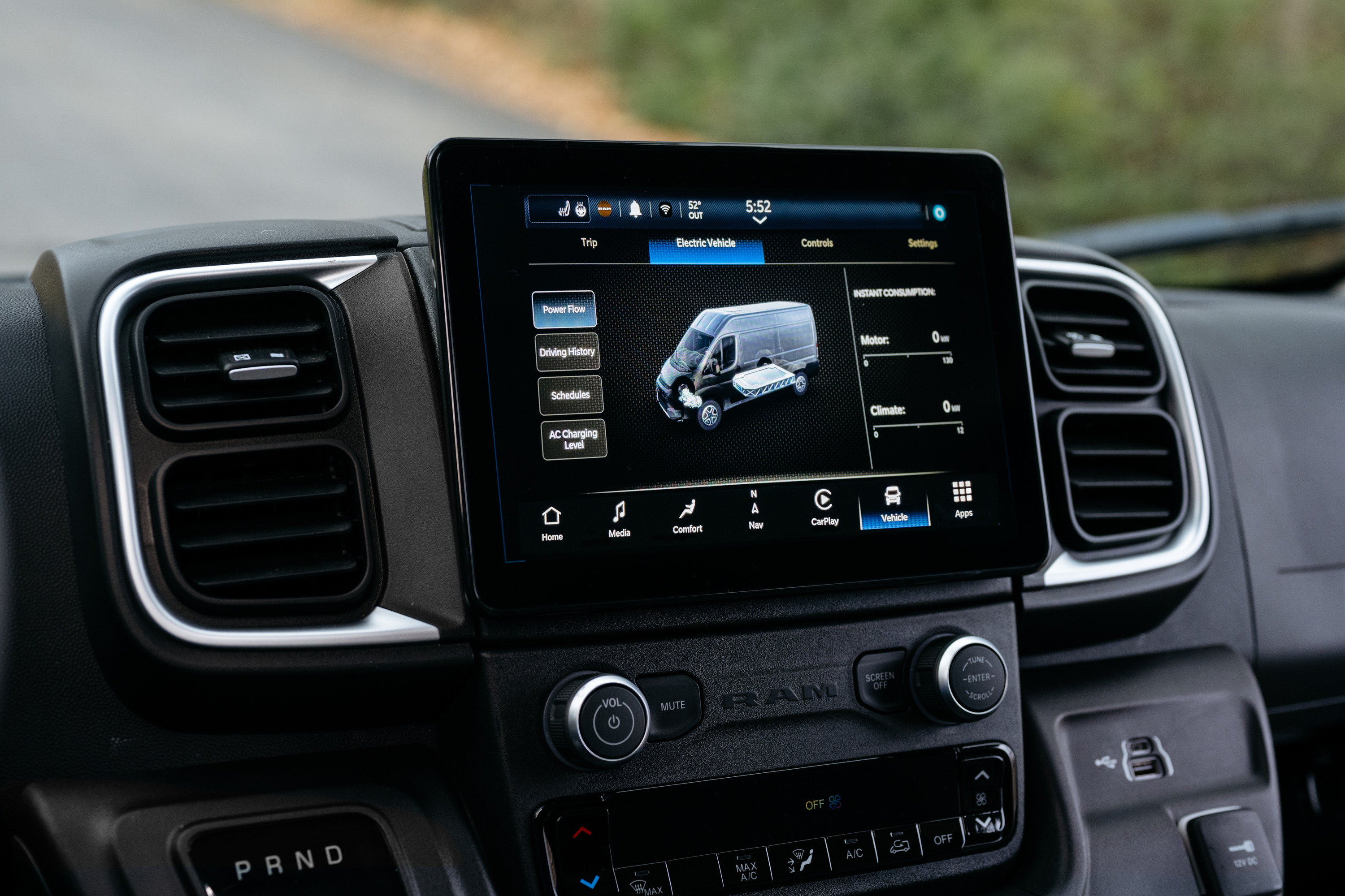 Infotainment screen of a Ram ProMaster EV van