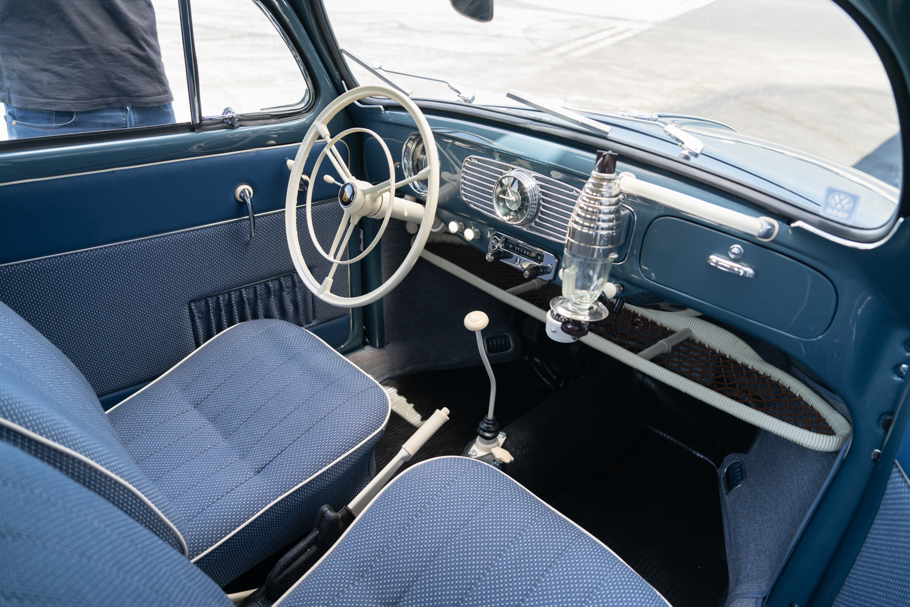 Interior of a blue vintage Volkswagen Beetle