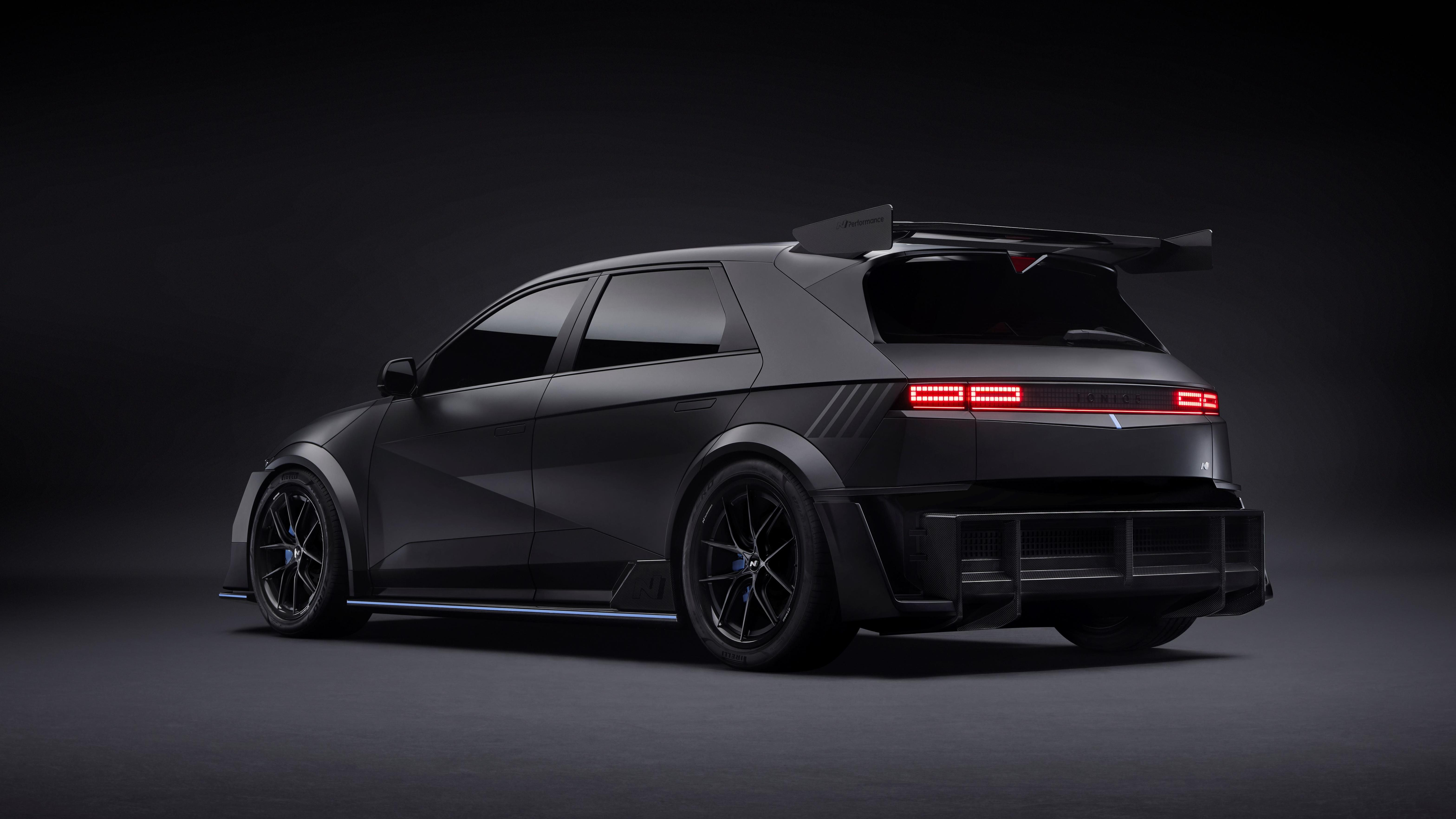 Rear 3/4 view of a matte black Hyundai Ioniq 5 N NPX1 tuner concept