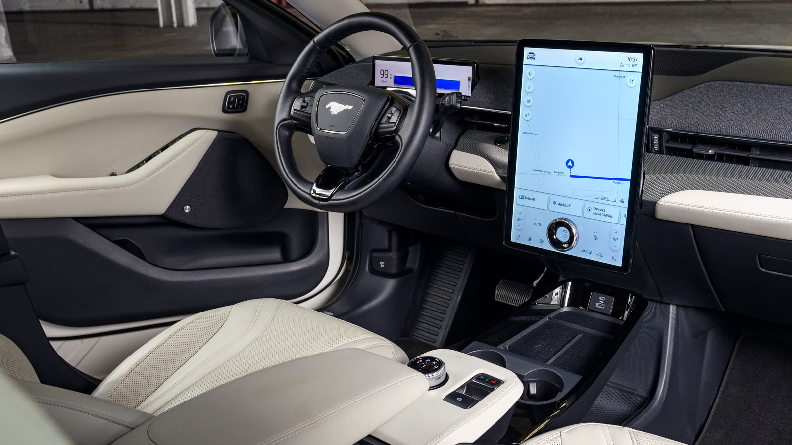 A photo of the inside of an electric Ford Mustang. 