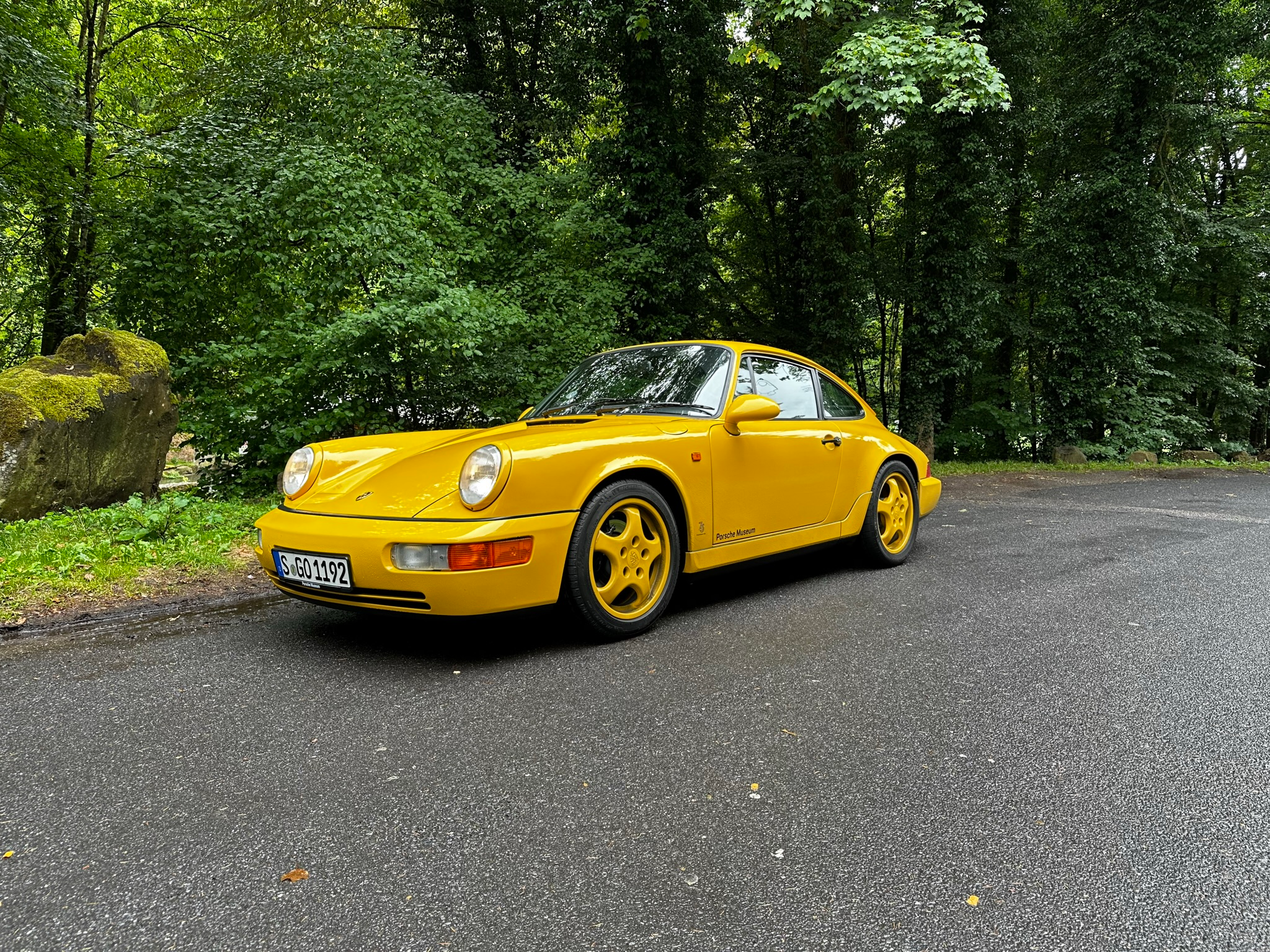 The 1992 Porsche Carrera 2 Coupe Clubsport prototype is parked in the Black Forest, front-three-quarter view