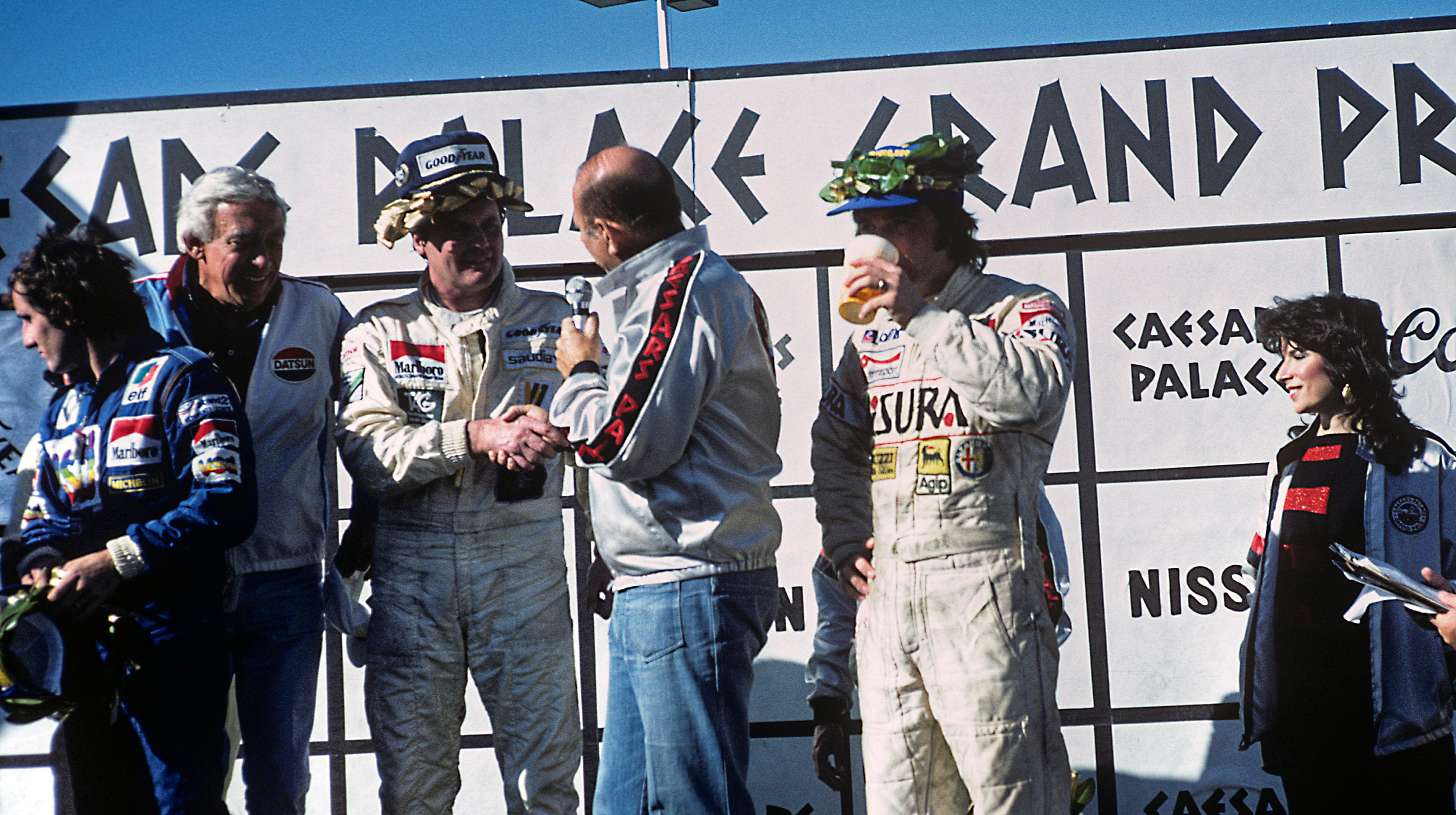 Alan Jones, Alain Prost, Bruno Giacomelli, Grand Prix of Caesars Palace, Caesars Palace, Las Vegas, 17 October 1981.