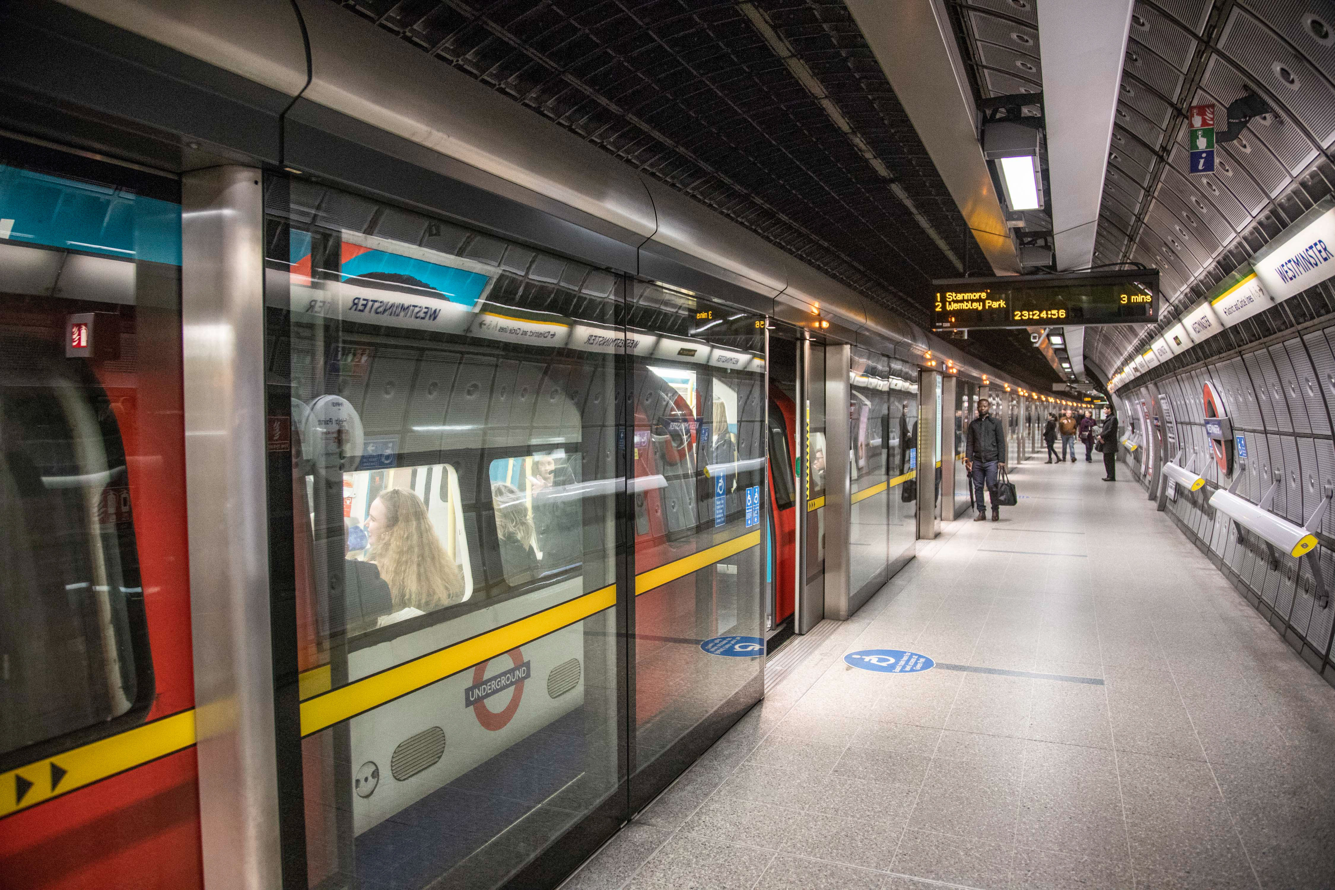 Westminster station in London, an underground tube station in the City of Westminster, London, UK serving the Circle, District and Jubilee lines.