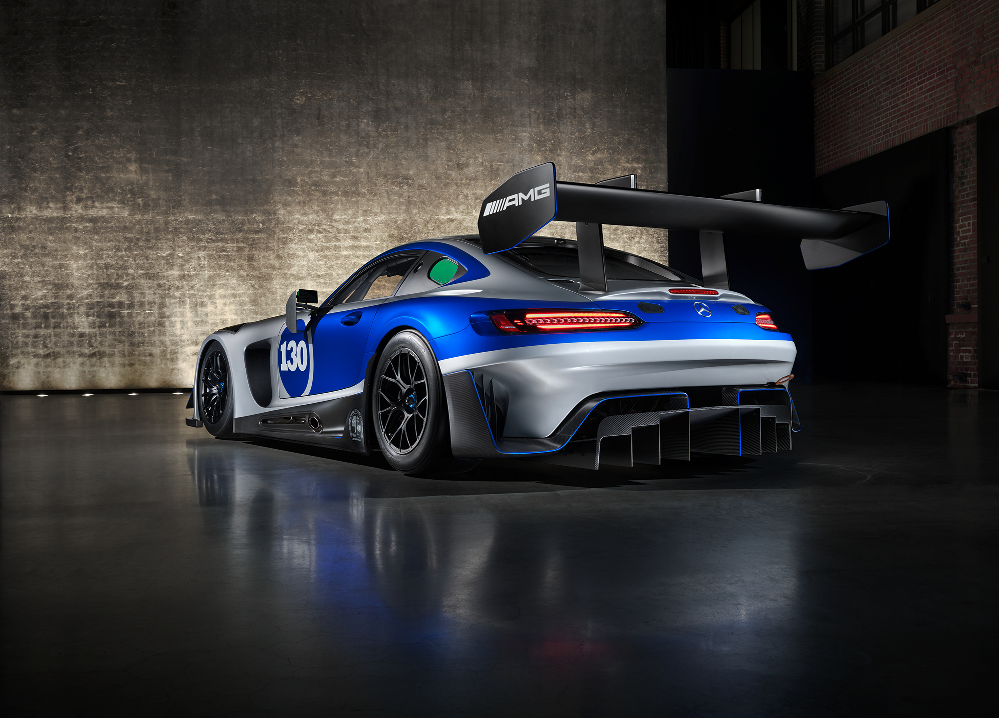 Rear 3/4 view of a Mercedes-AMG GT3 Edition 130Y Motorsport