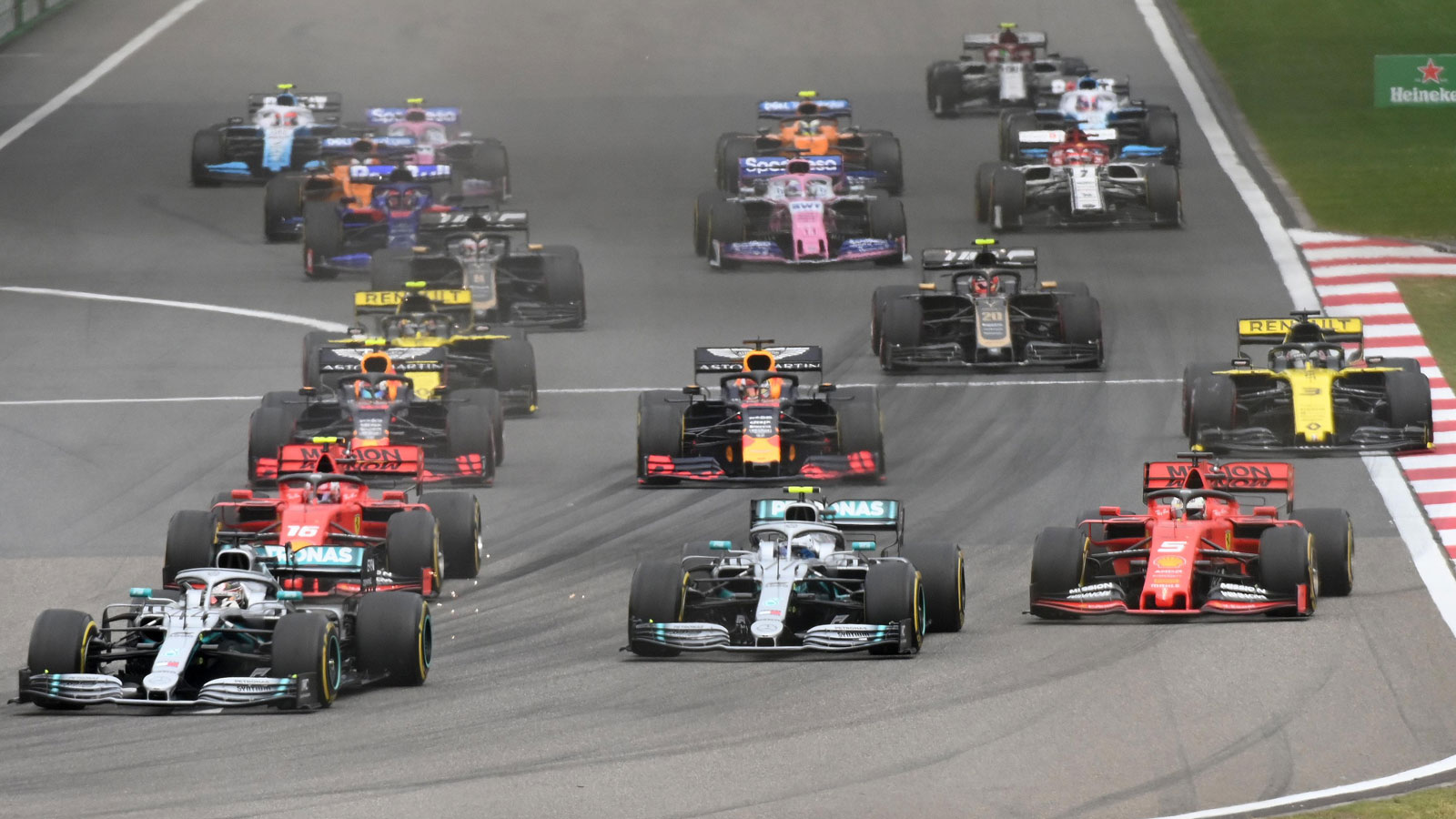 A photo of the Formula 1 grid on the opening lap of the Chinese Grand prix. 