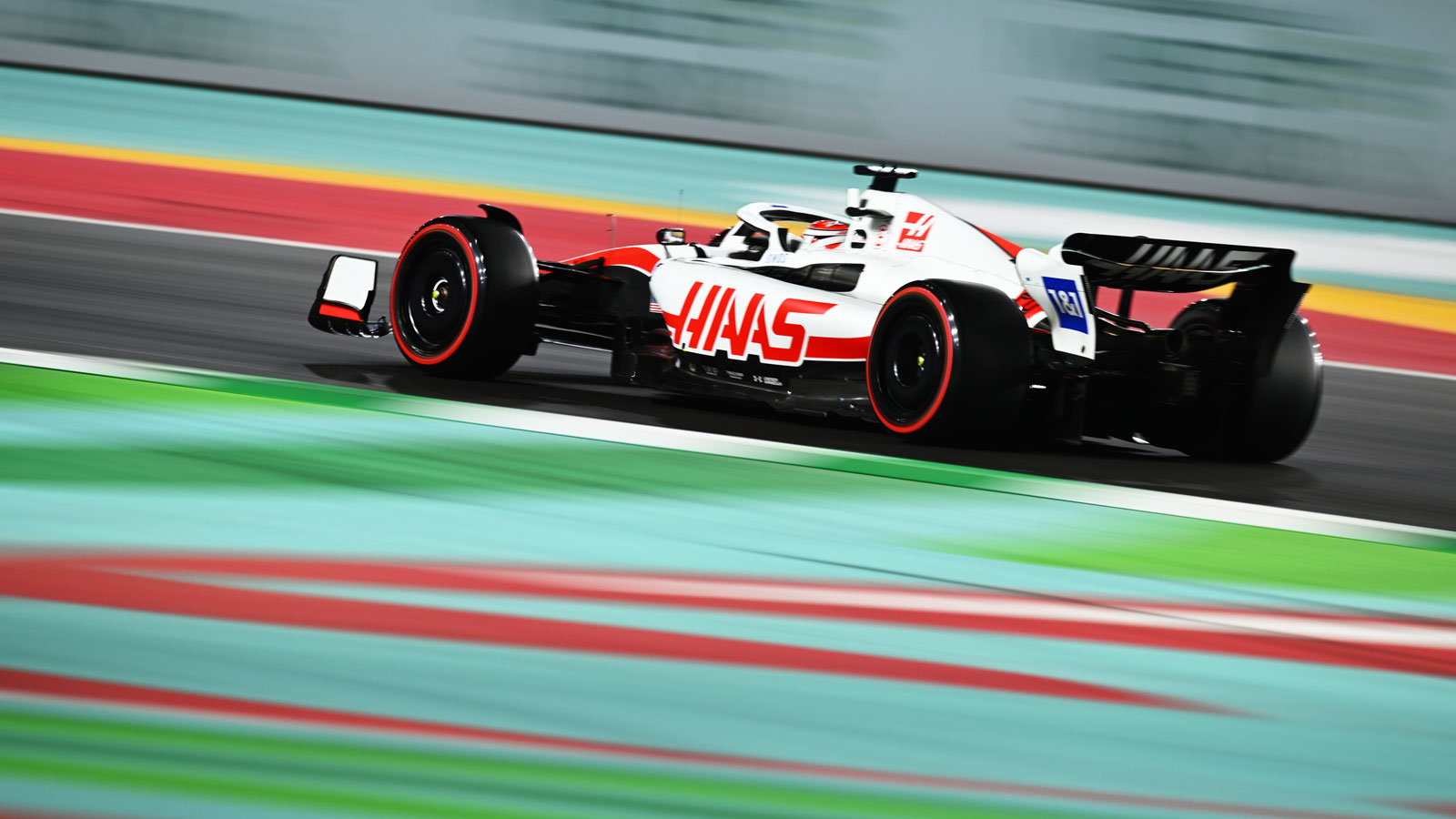 A photo of Kevin Magnussen acing his Haas F1 car in Saudi Arabia. 