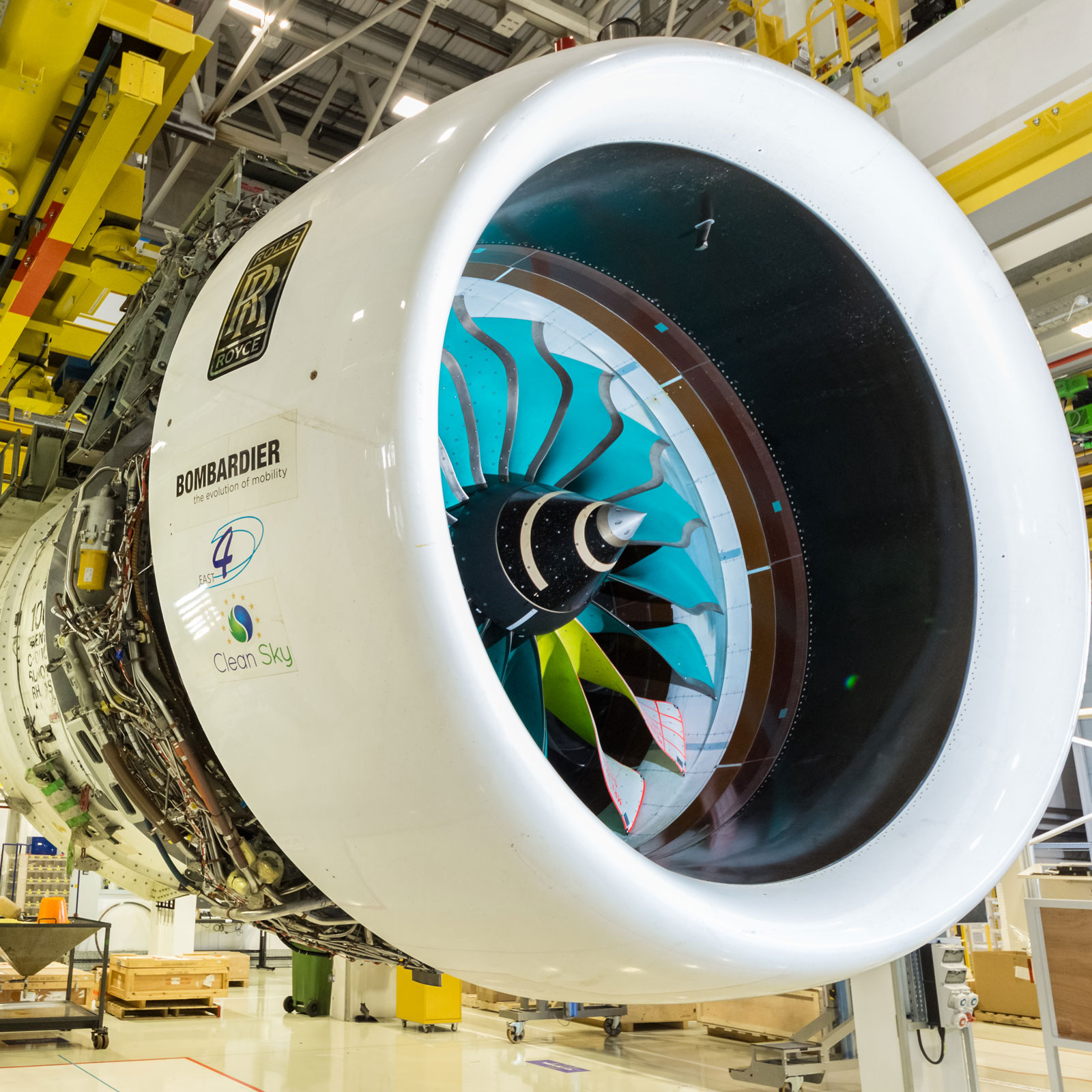 A photo of a Rolls Royce Trent 1000 jet engine. 