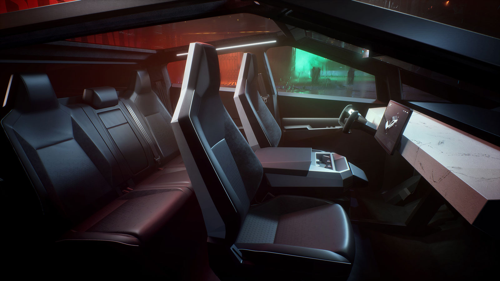 A render of the interior of the Tesla Cybertruck. 