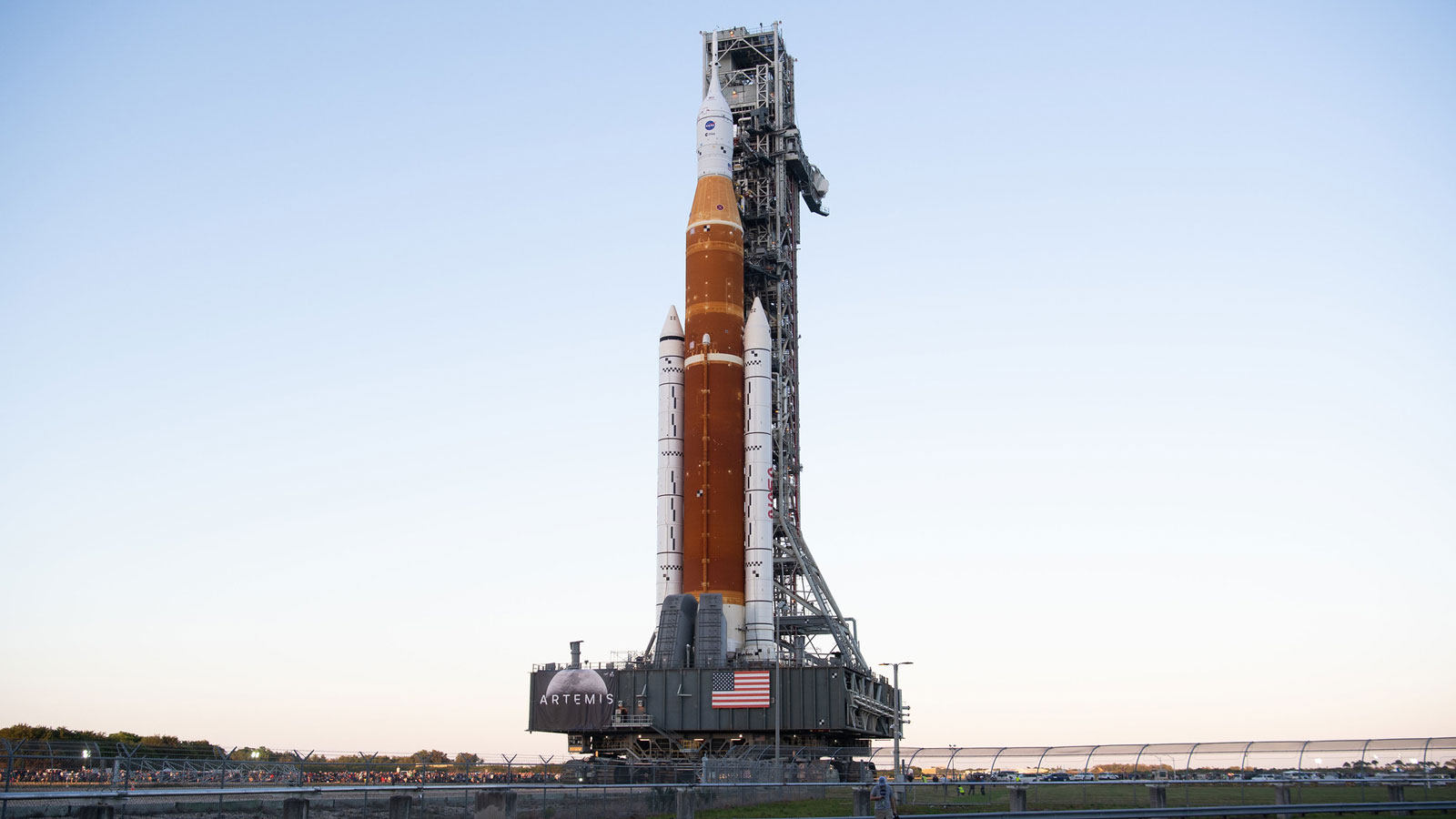 A photo of the NASA Artemis 1 rocket being transported to the launch pad. 