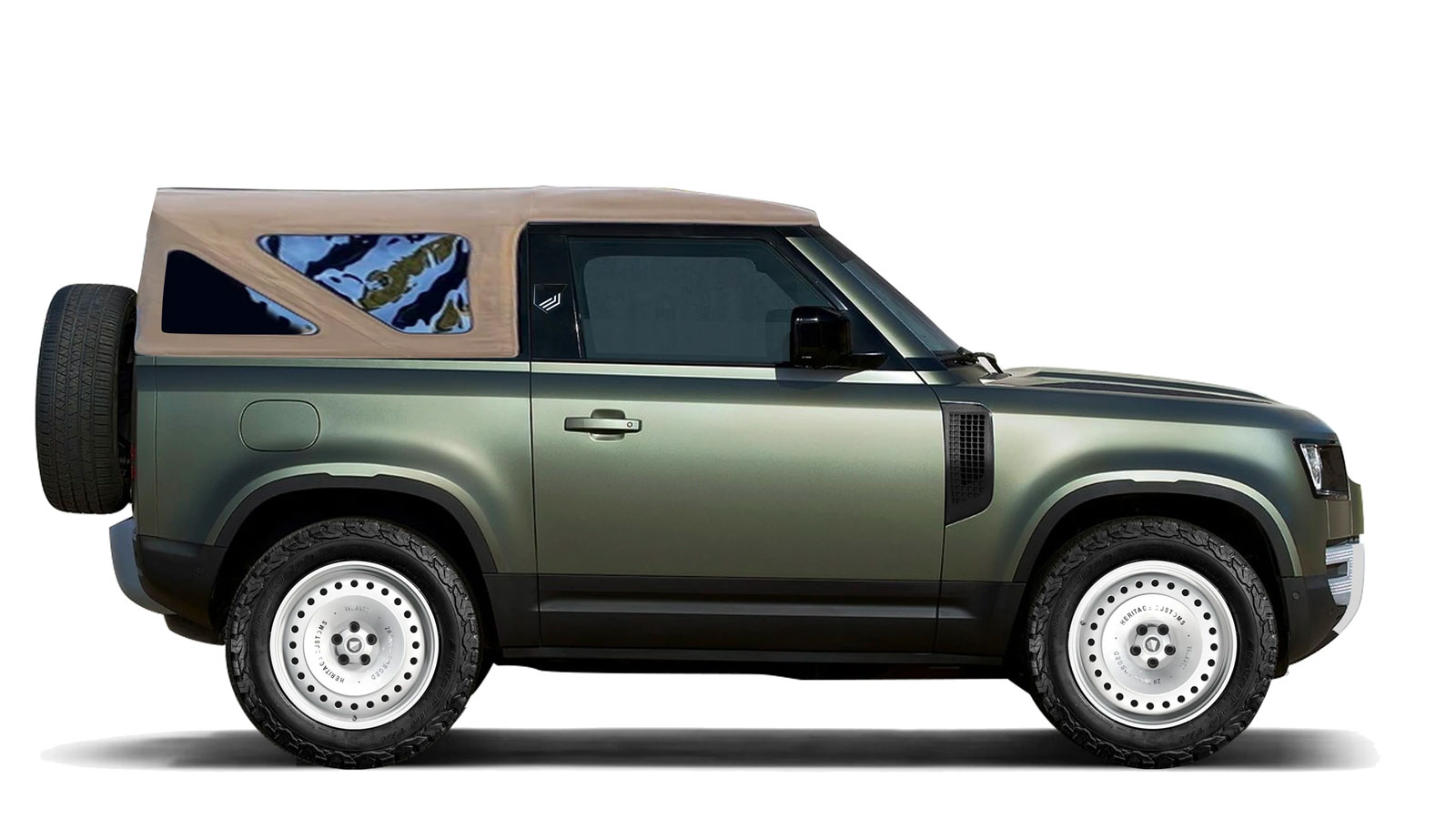 A green Land Rover Defender with a convertible roof. 