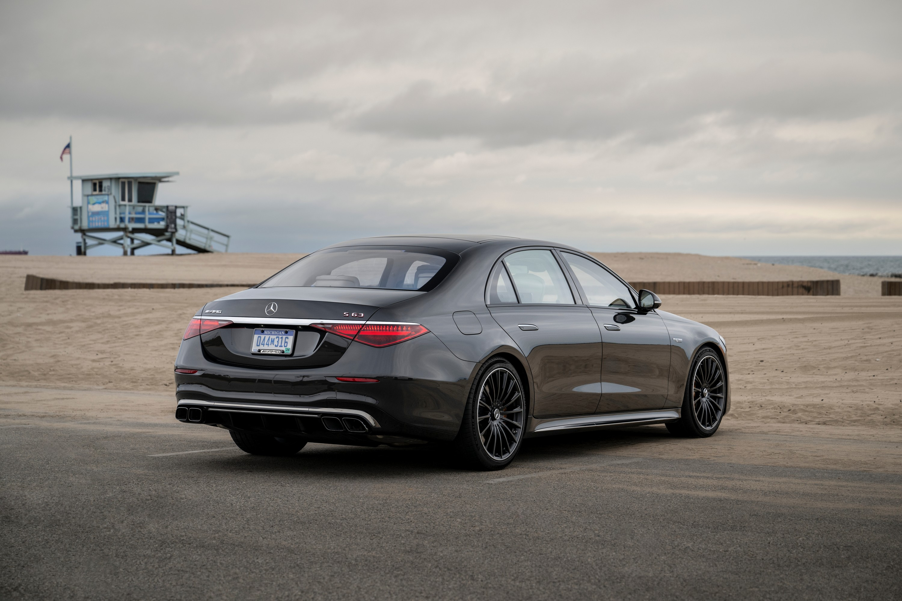 Rear three quarter view of the 2024 Mercedes AMG S63 E Performance