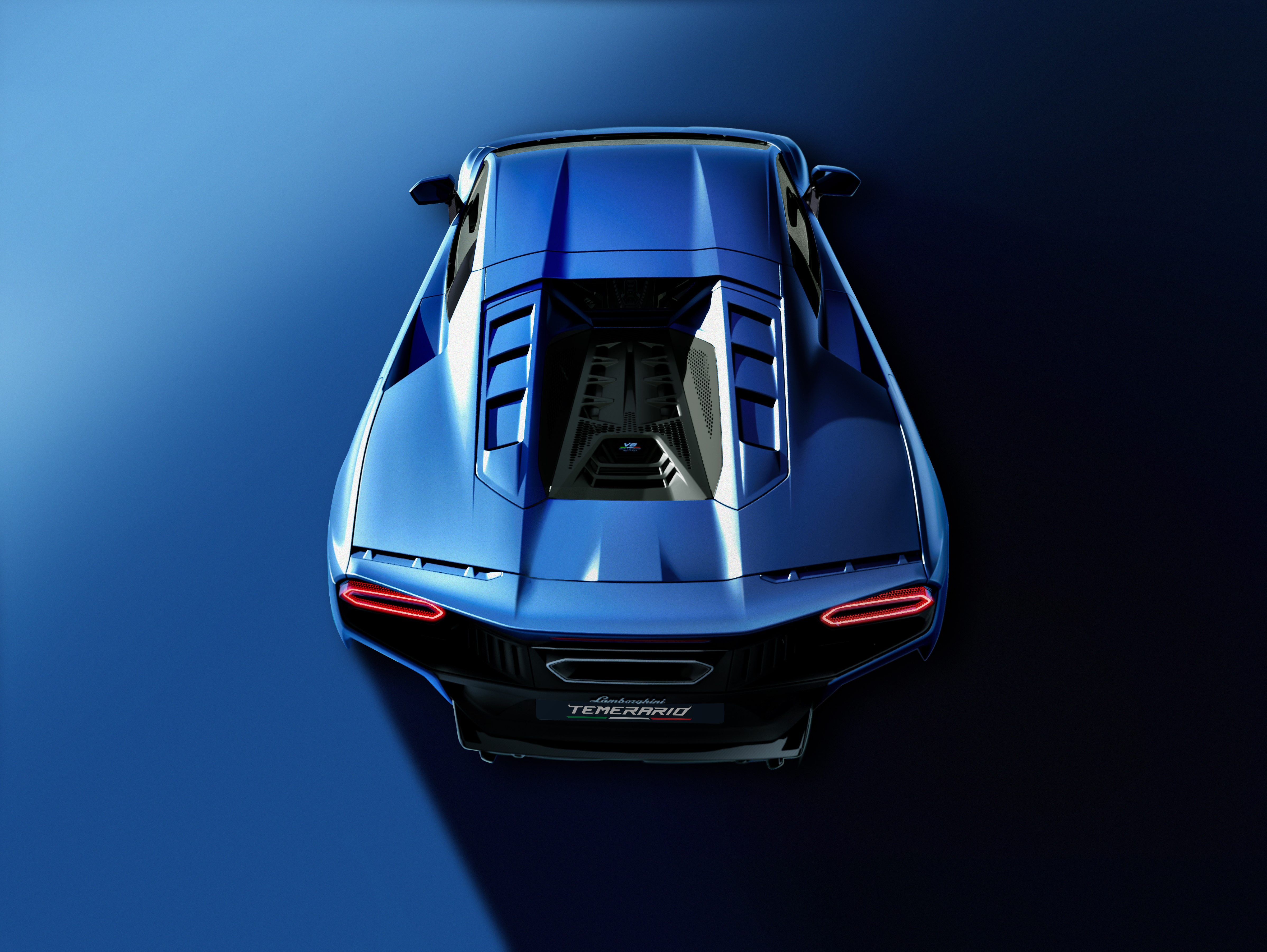 Rear end of a blue Lamborghini Temerario