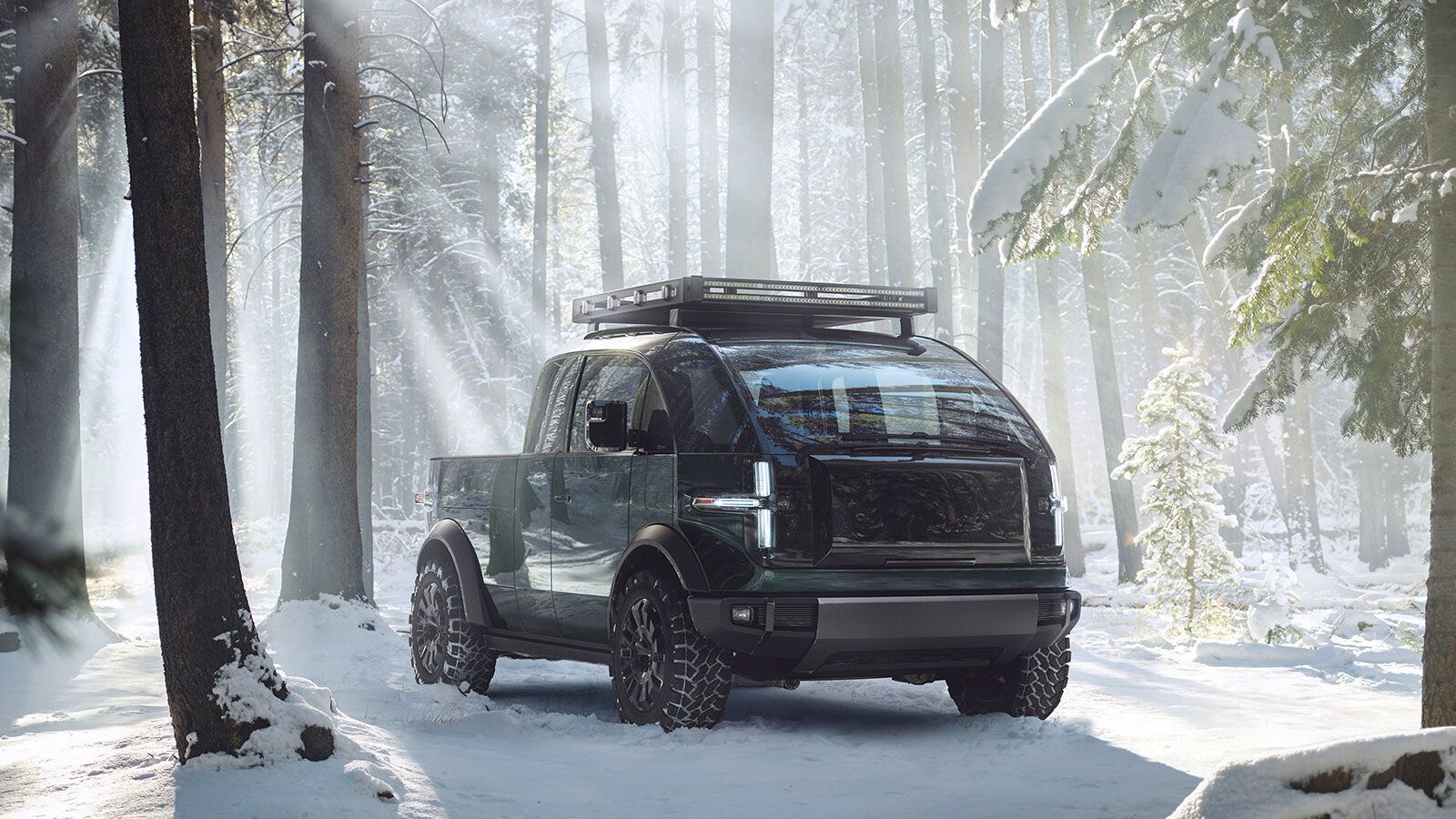 A render of the Canoo pickup truck in a snowy forrest. 