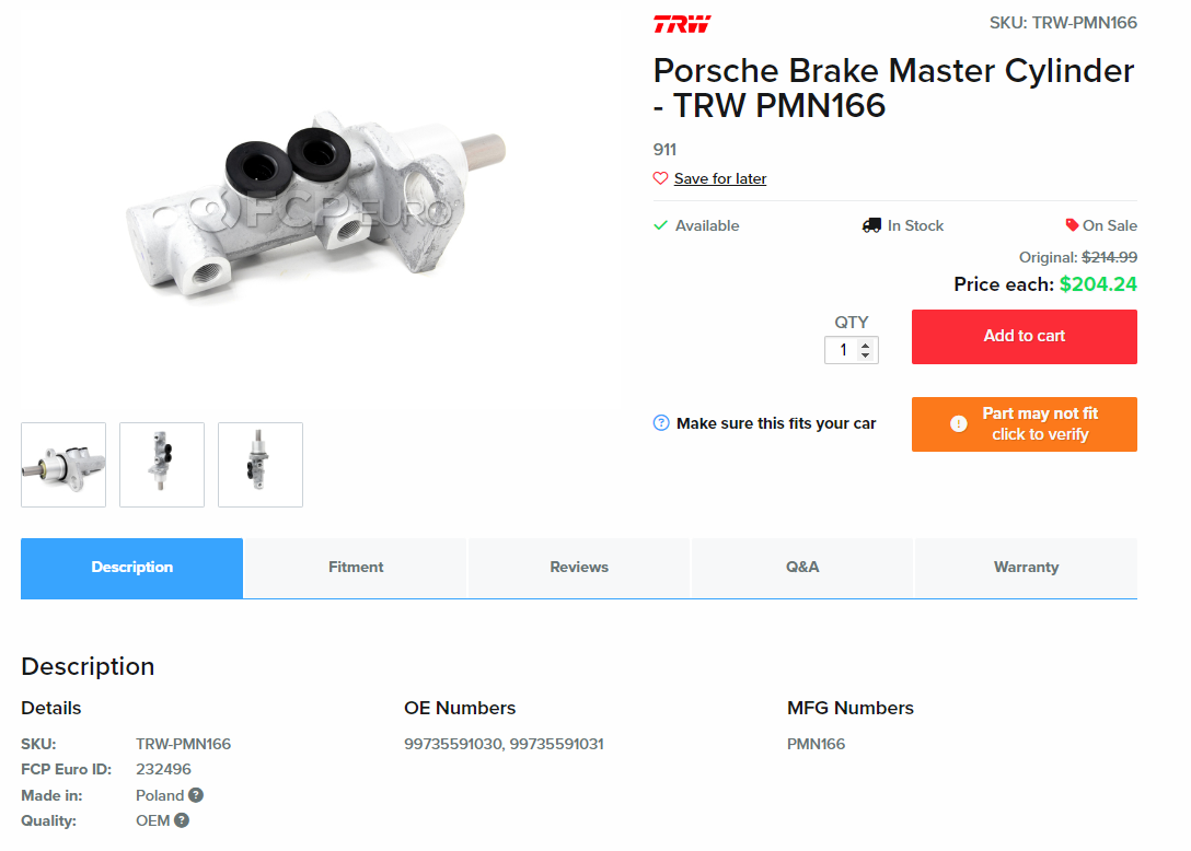 A screenshot of an FCP Euro catalog page for a Porsche brake master cylinder