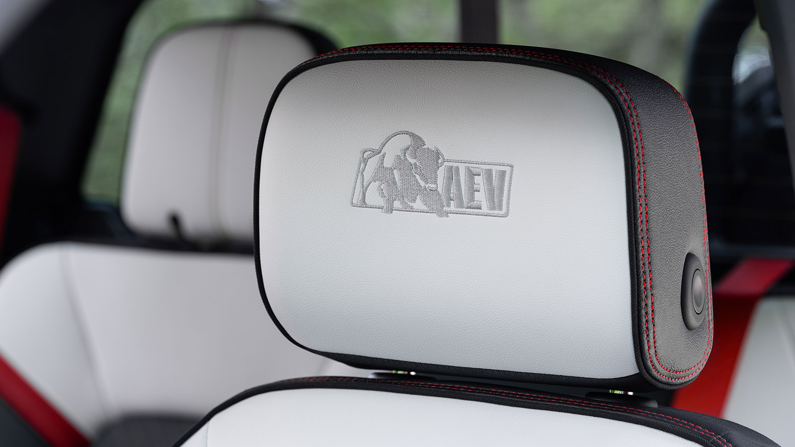 A photo of the AEV logo on the seats. 