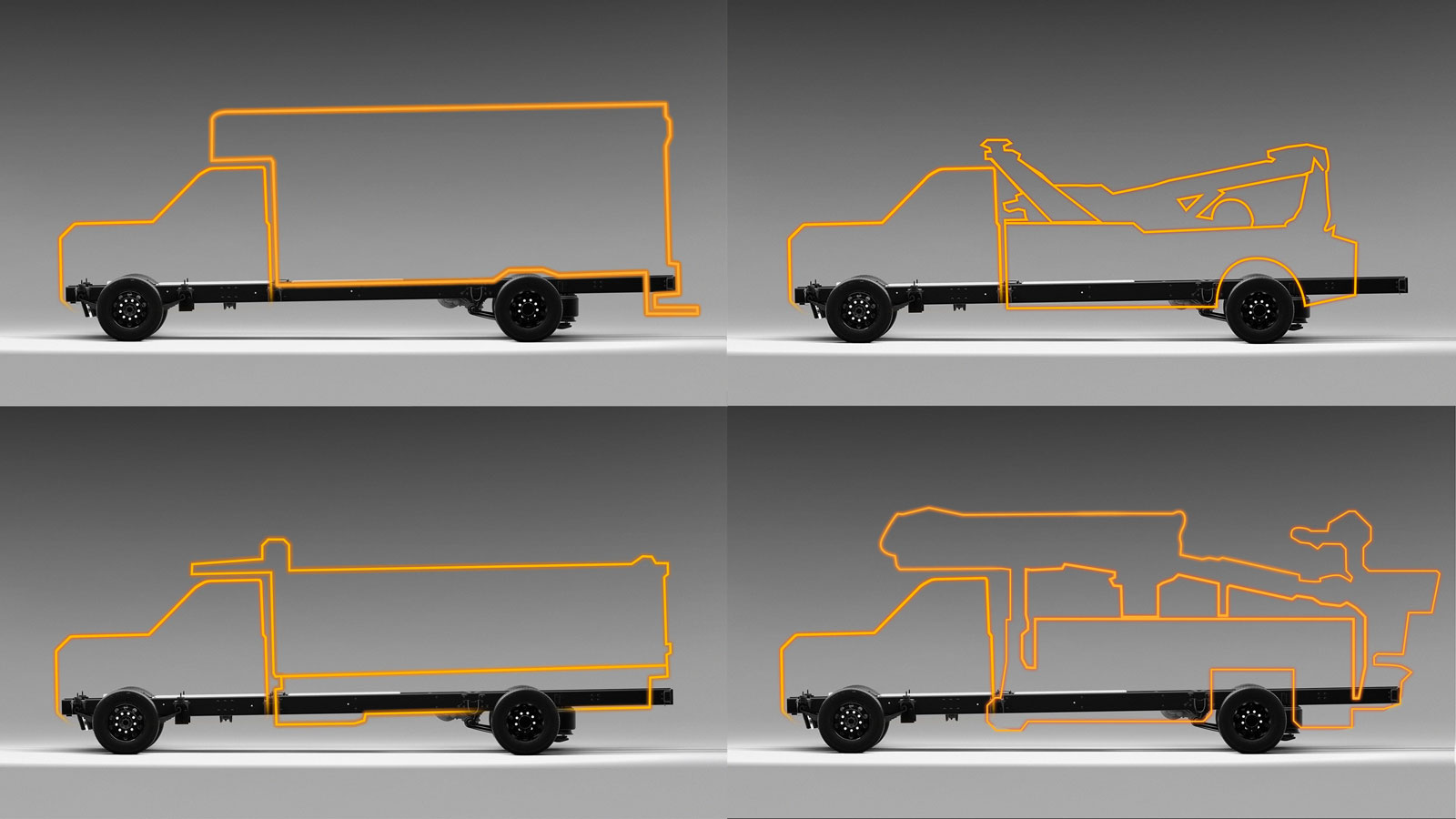 A graphic showing four different truck designs made using the same Bollinger wheelbase. 