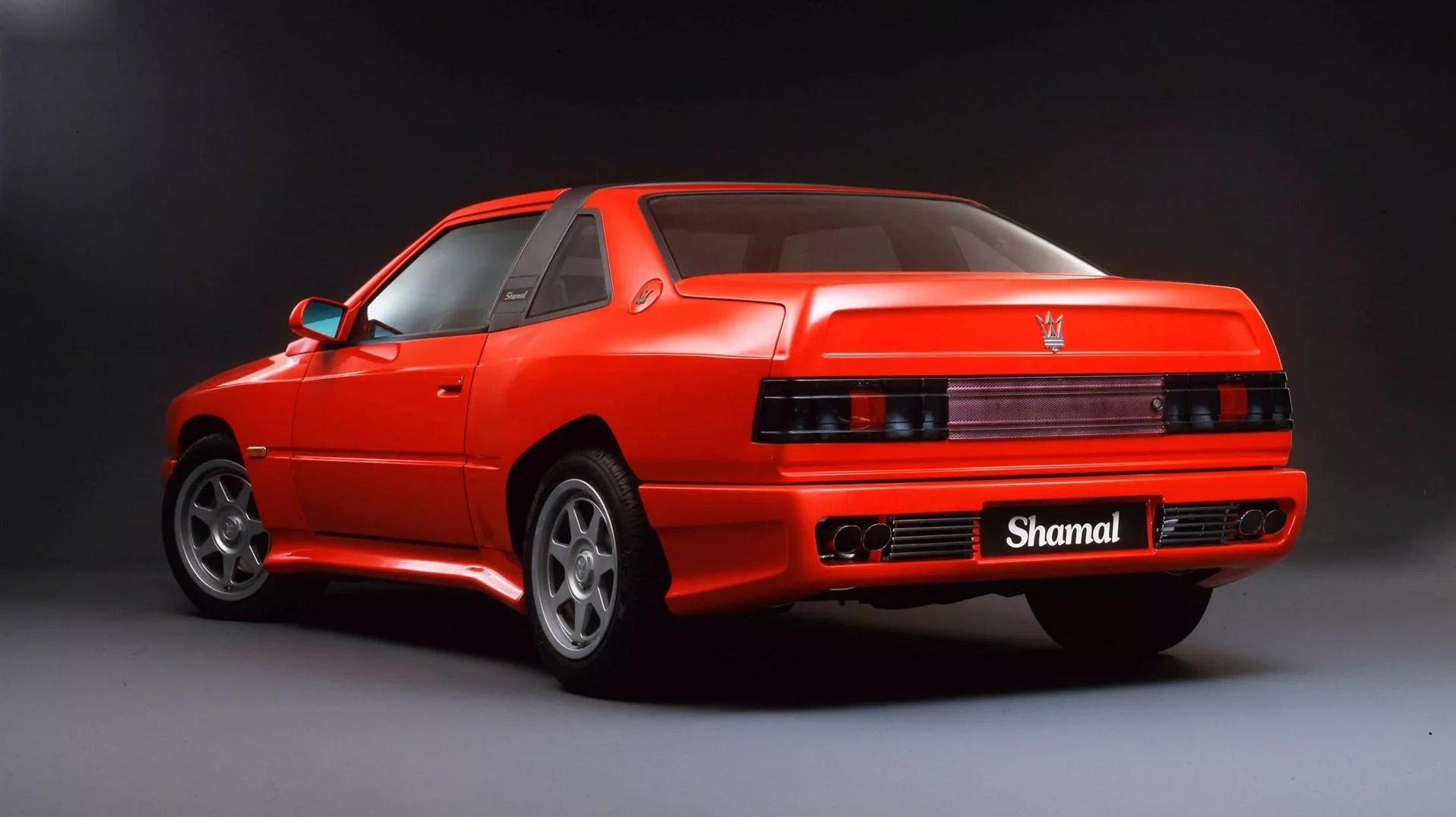 Rear 3/4 view of a red Maserati Shamal