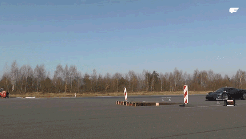 A gif showing a Gordon Murray T.50 jumping over a small ramp. 