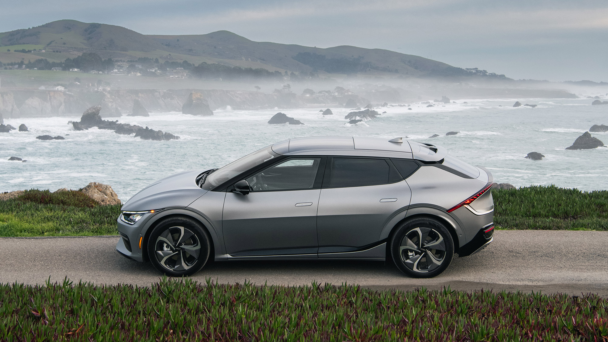 Gray Kia EV6 side view.