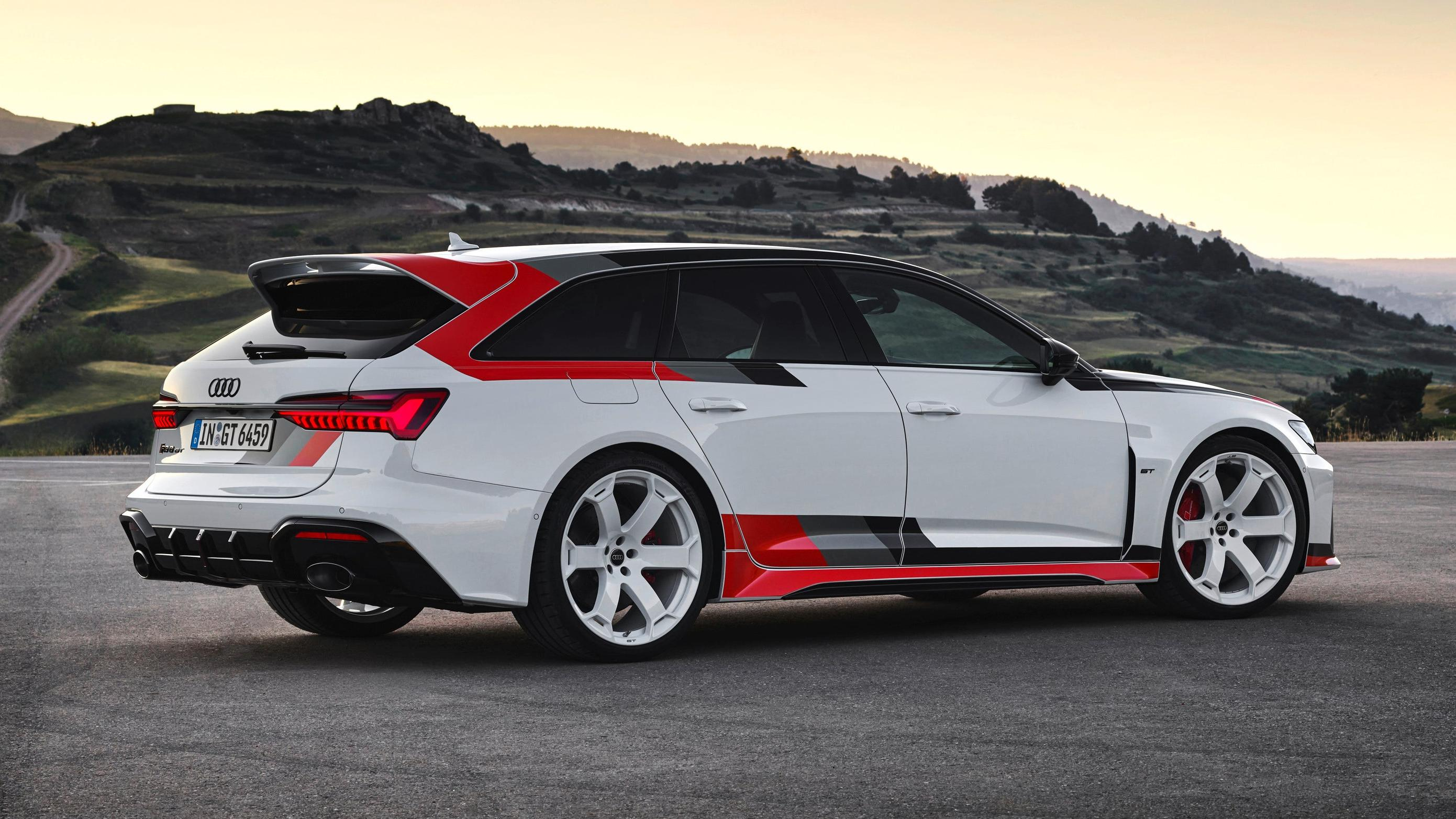 Rear 3/4 view of a white Audi RS6 GT