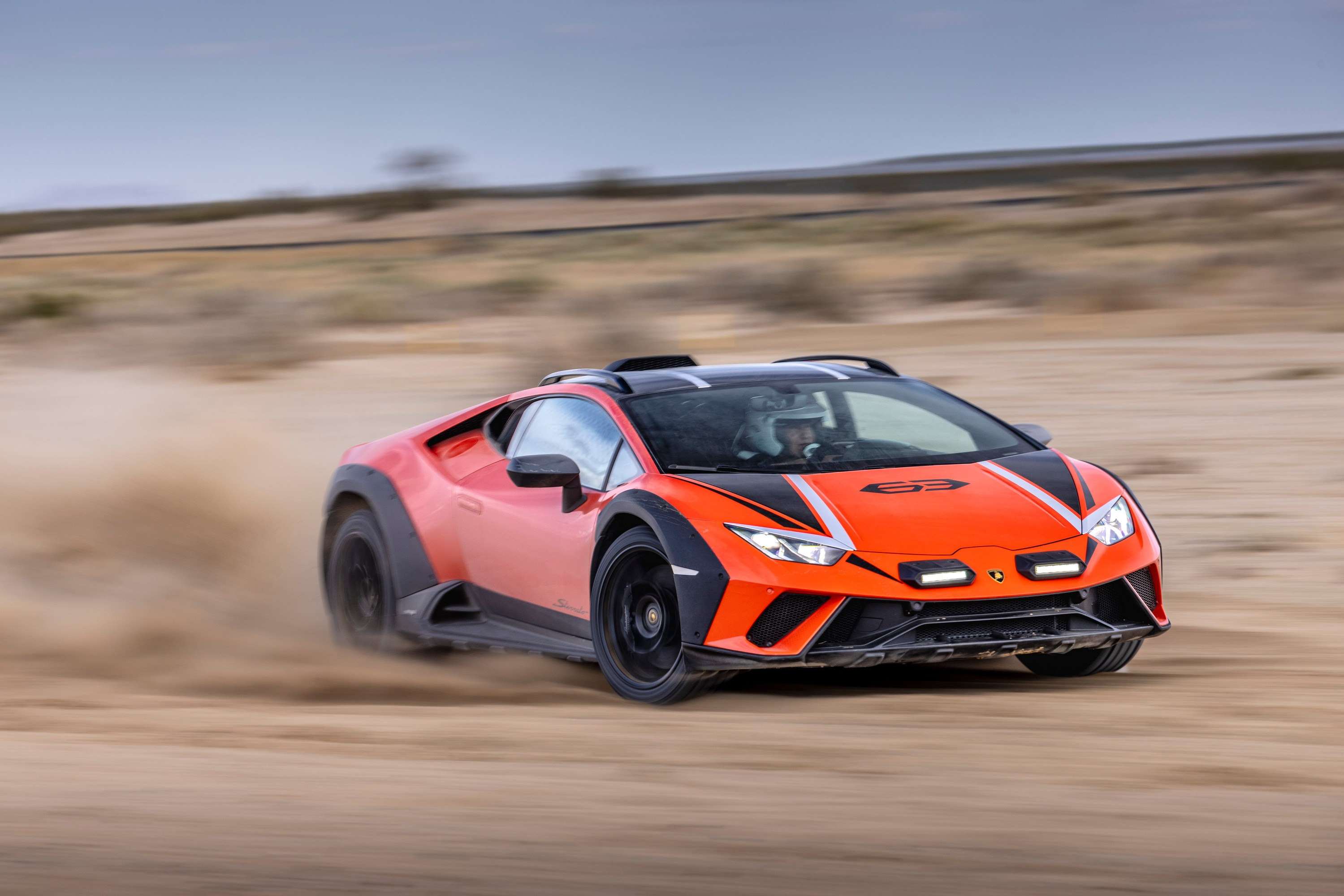 The 2024 Lamborghini Huracan Sterrato slide sideways through the desert.