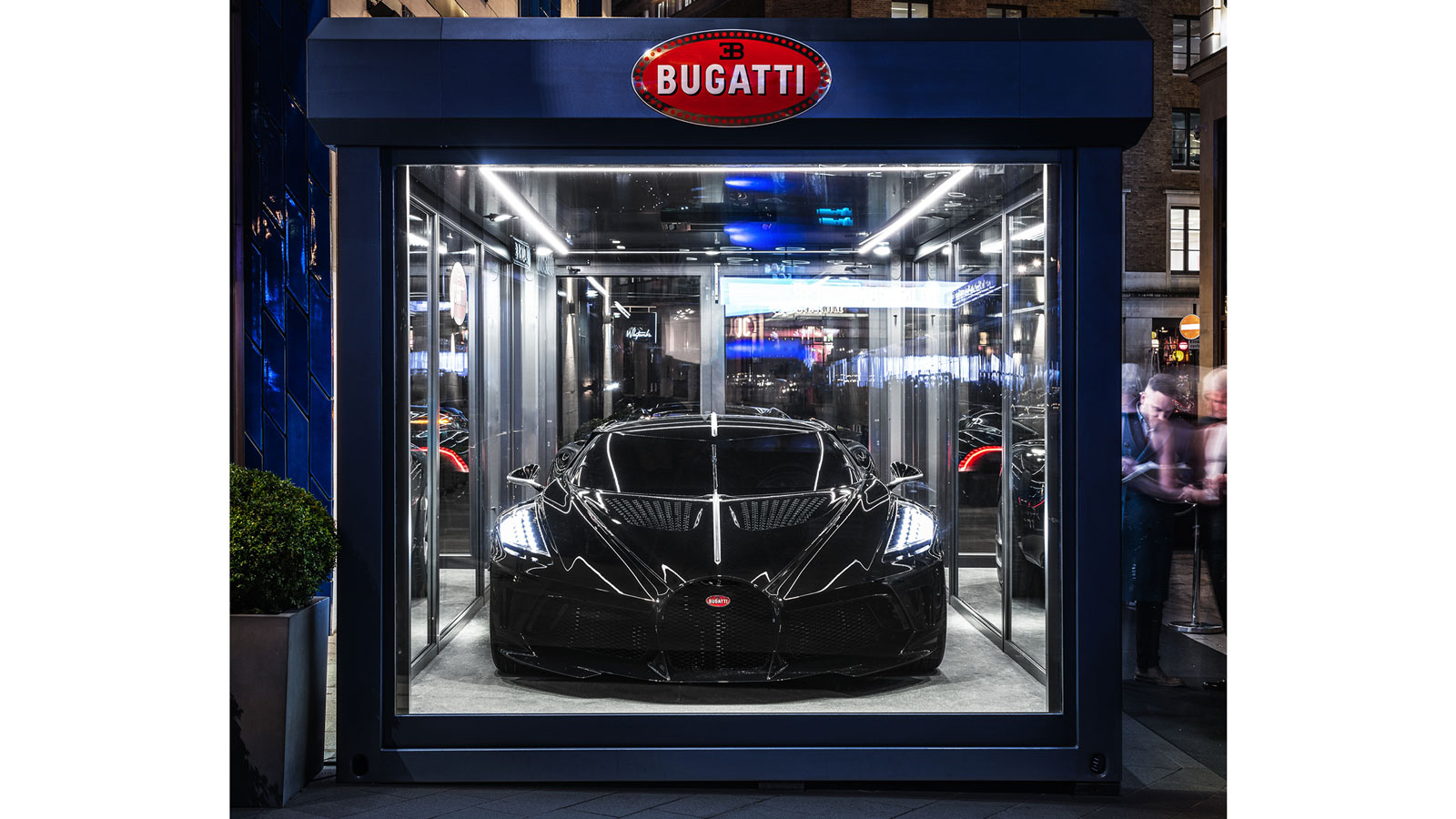 A black Bugatti Chiron on display in London 