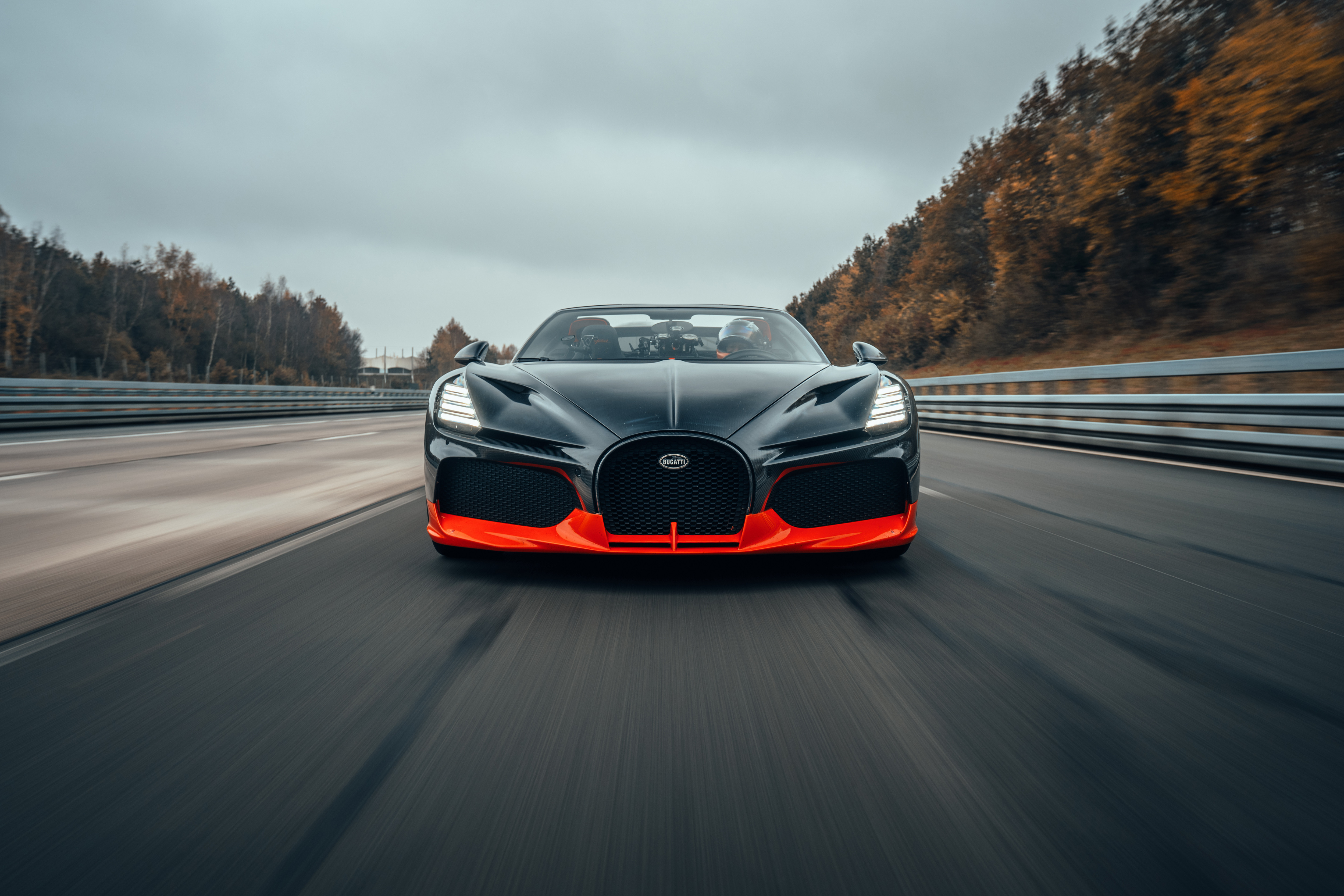 Front end of the black and orange Bugatti W16 Mistral World Record Car