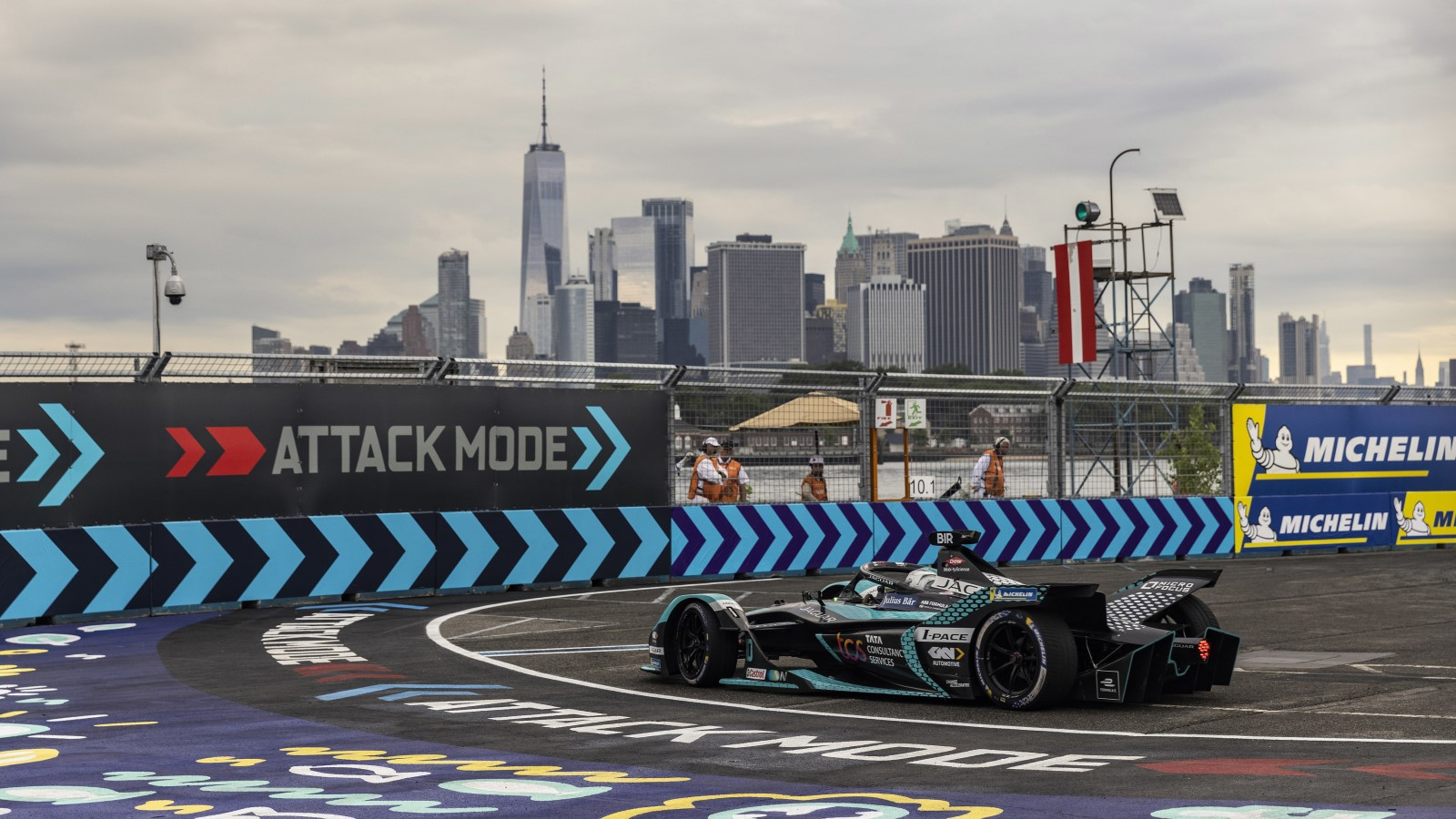 A photo of a Formula E car racing in New York. 