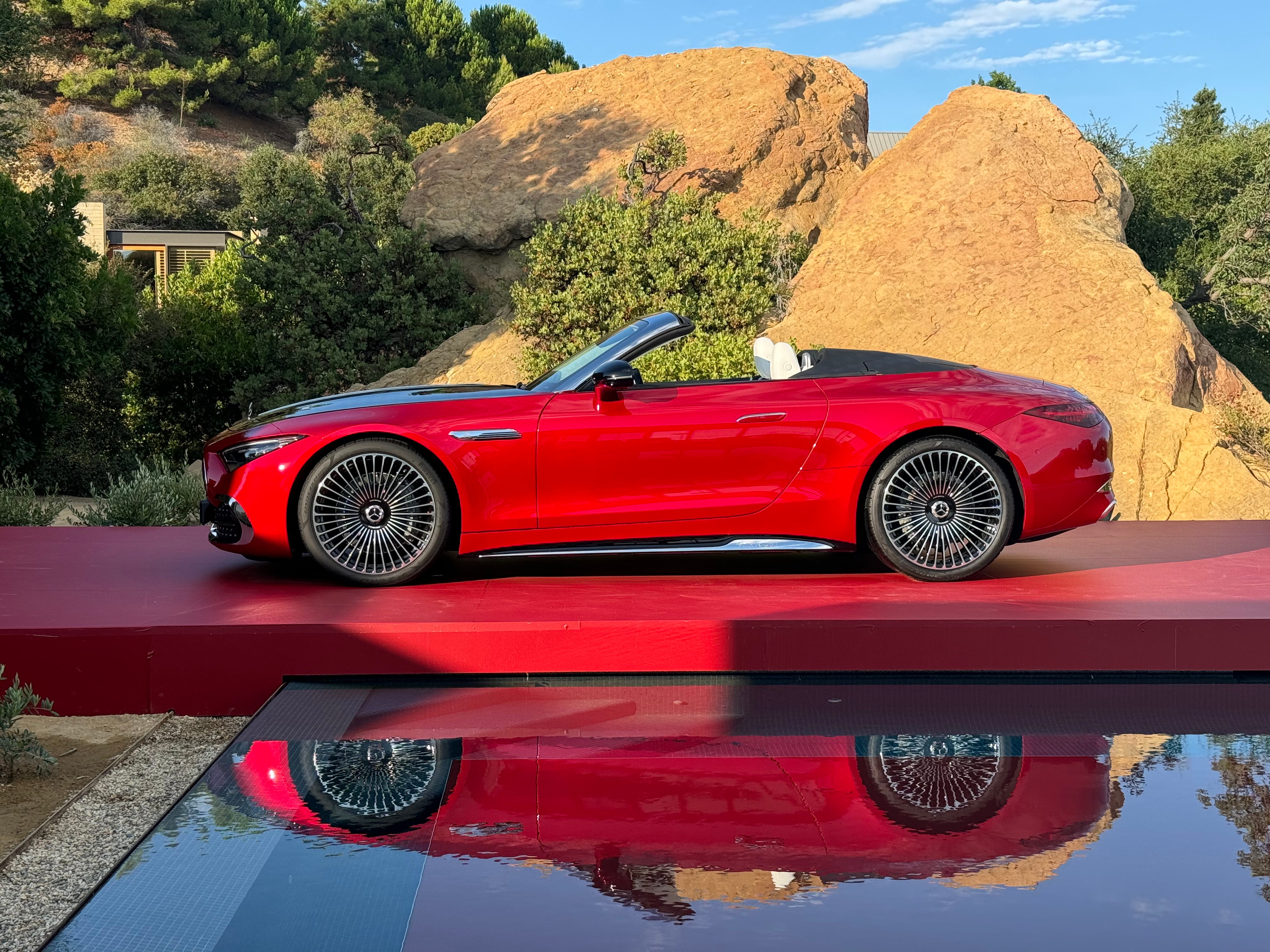 Side view of a red Mercedes-Maybach SL680 Monogram Series