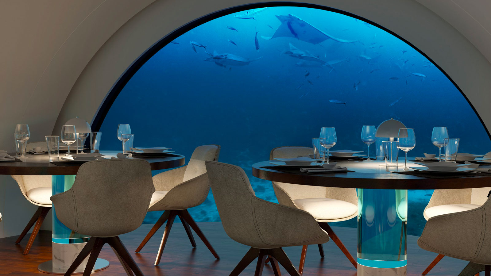 A render of the restaurant in the electric submarine with fish swimming past the windows. 