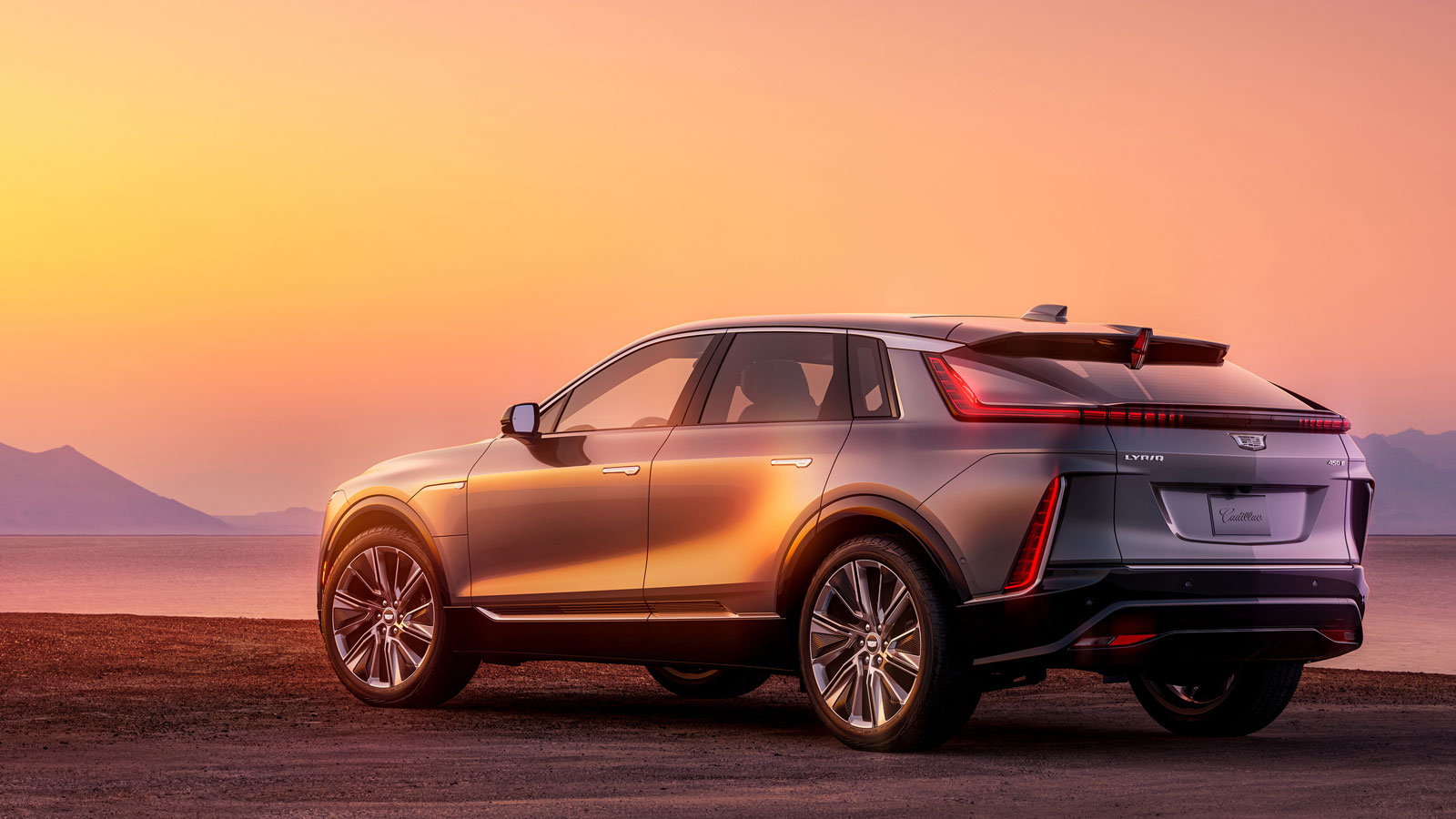 A photo of the 2023 Cadillac Lyriq at sunset. 