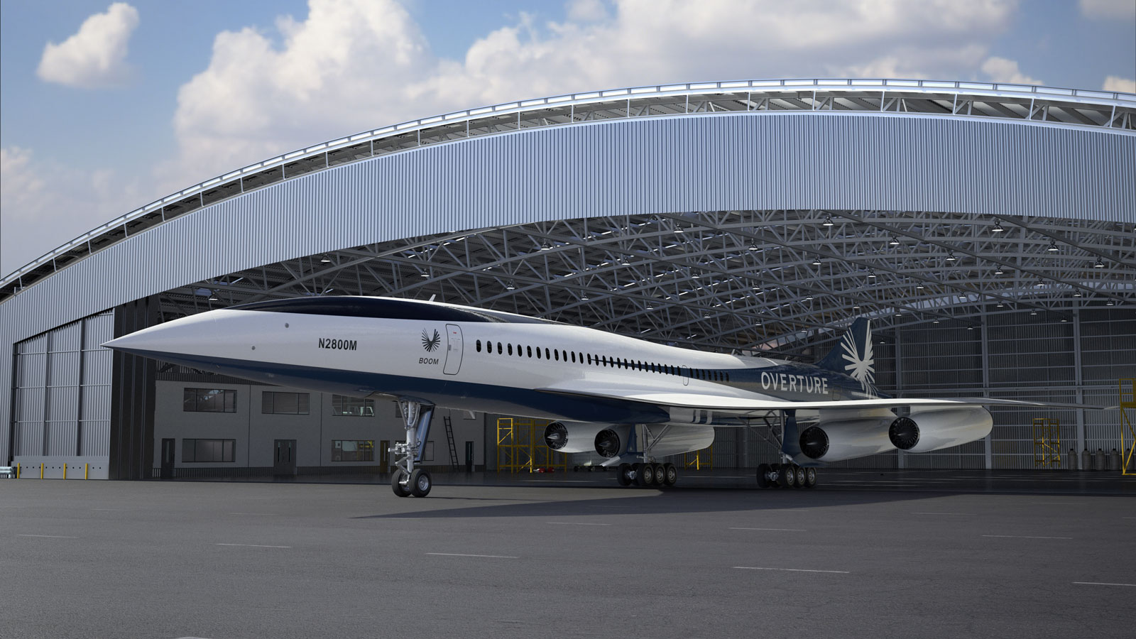 A render of a Boom supersonic aircraft in a hanger. 