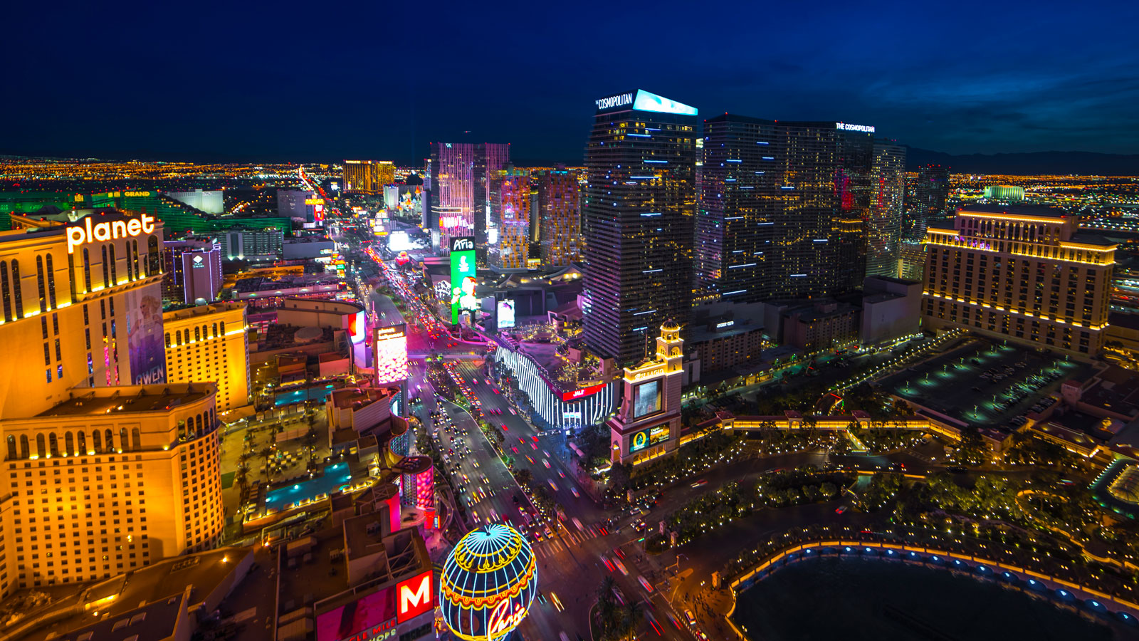 A photo of the Las Vegas skyline at night. 