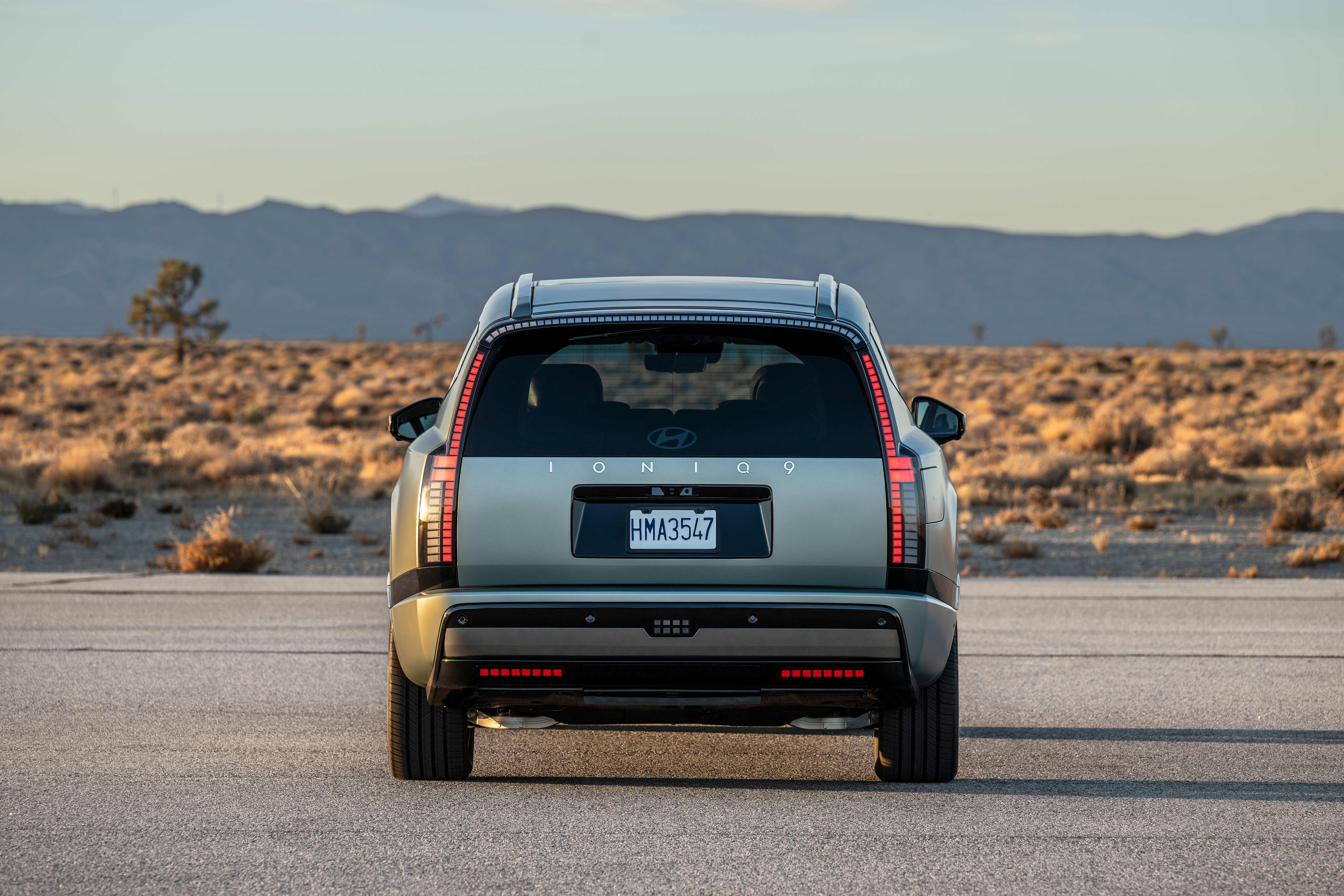 Rear end of a green 2026 Hyundai Ioniq 9