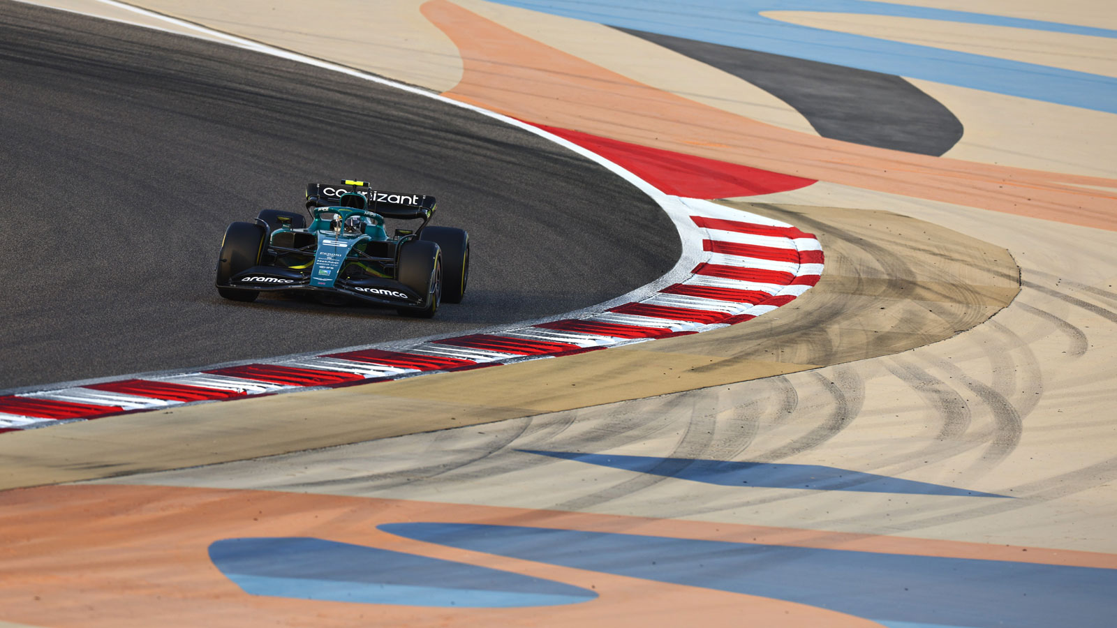 A photo of the Aston martin F1 car testing in Bahrain. 