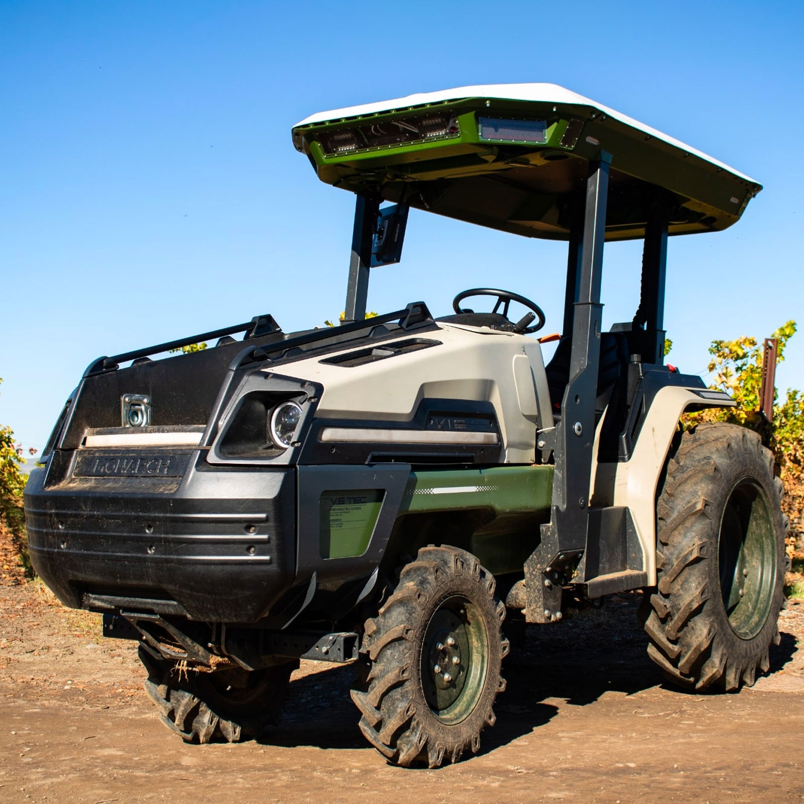 A close up photo of the front end on the electric Monarch Tractor 