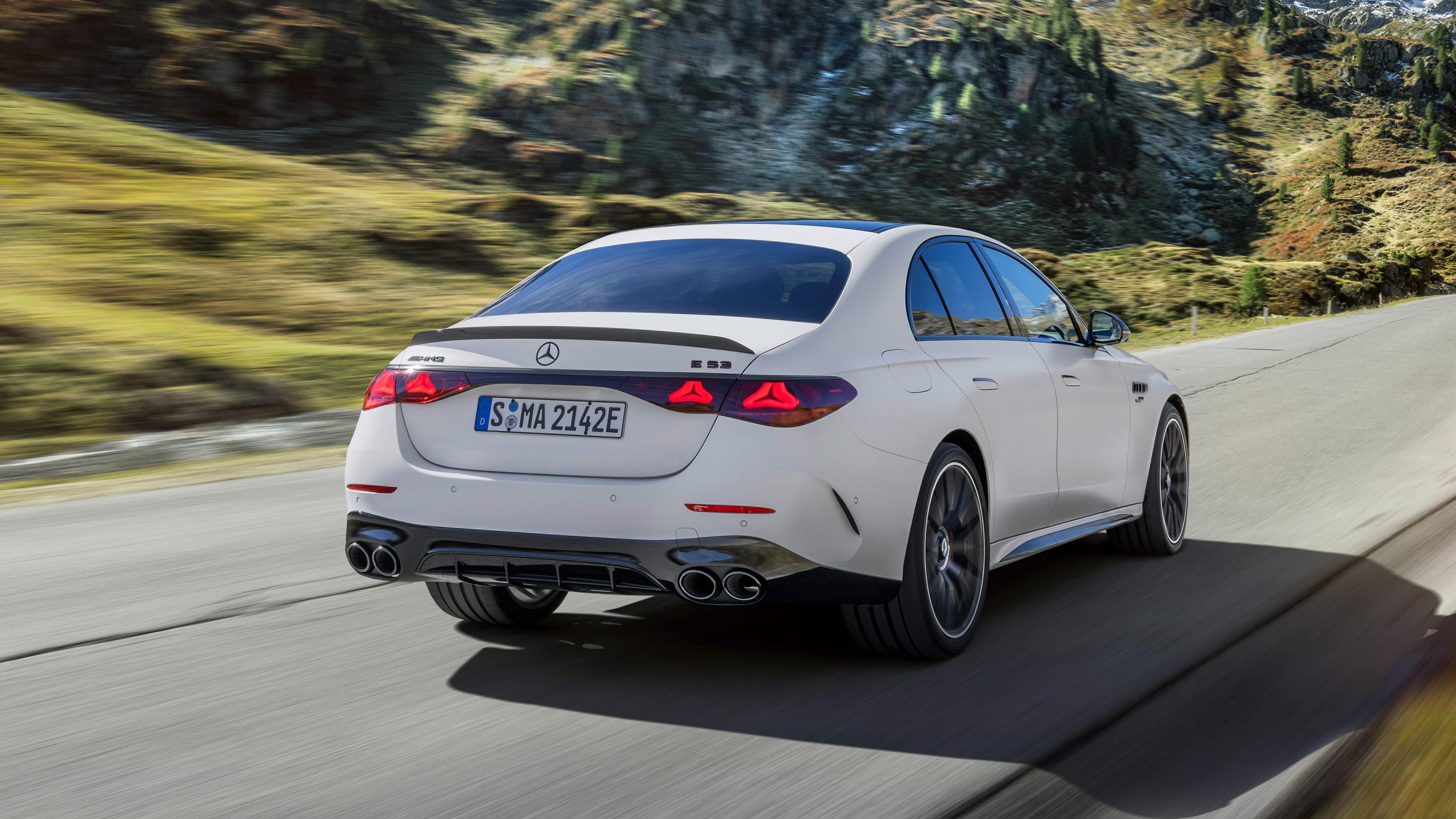 Rear 3/4 view of a white Mercedes-AMG E53