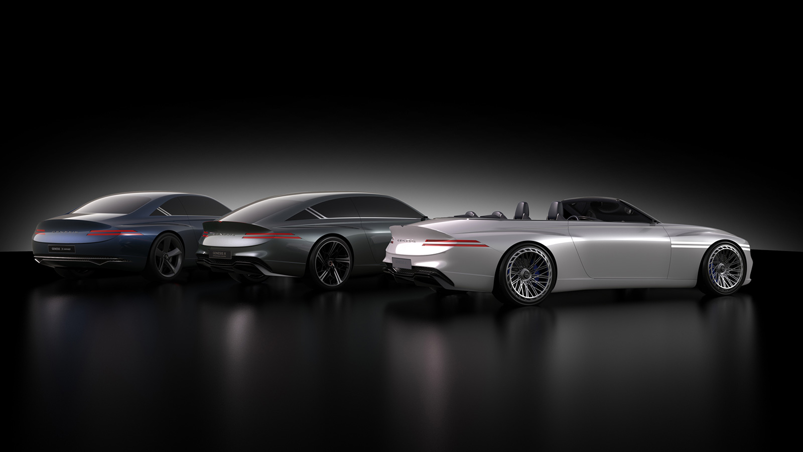 From left to right: the Genesis X Coupe, X Speedium Shooting Brake and X Convertible