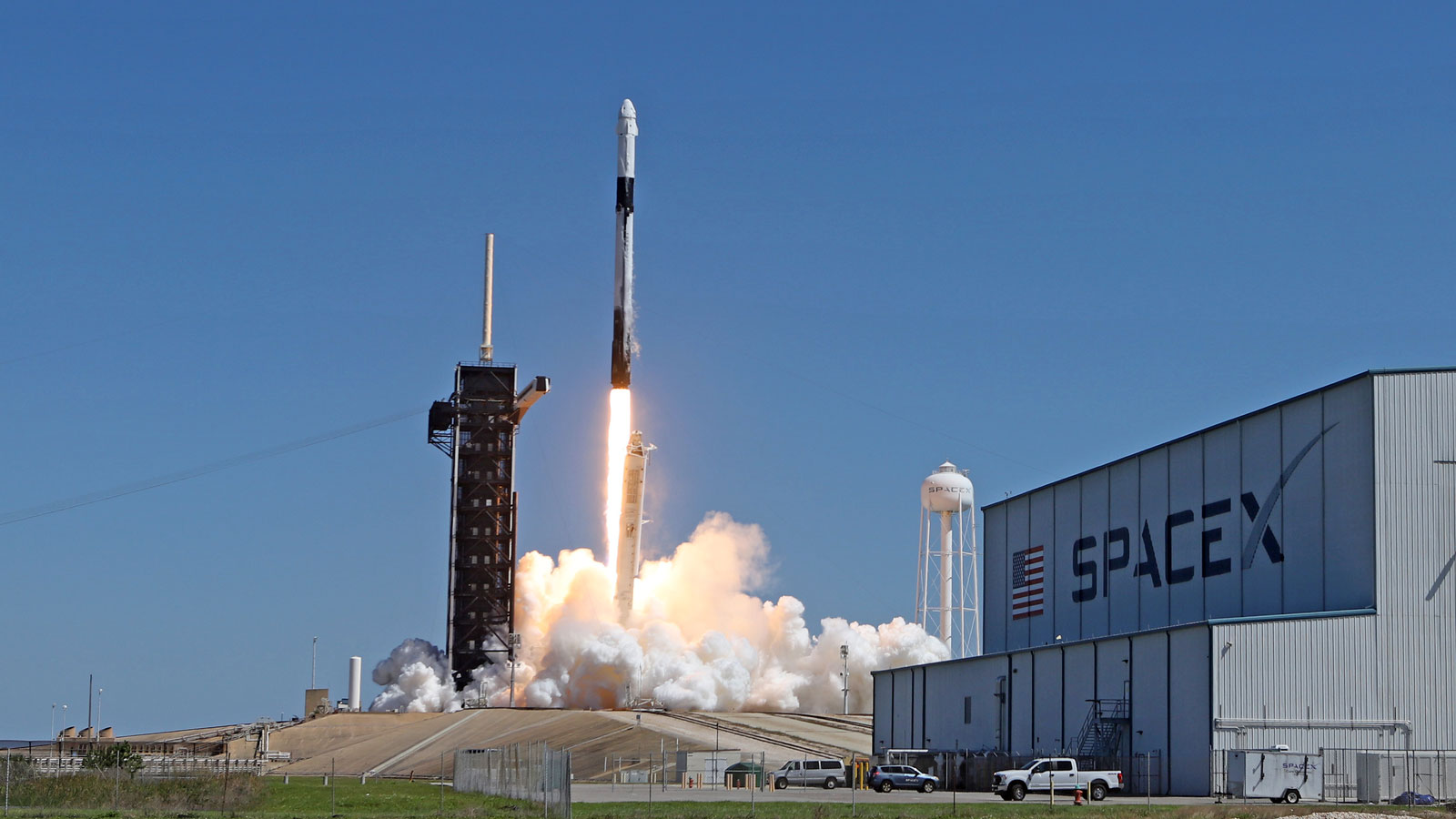 A photo of a SpaceX rocket launching from a facility in the U.S. 