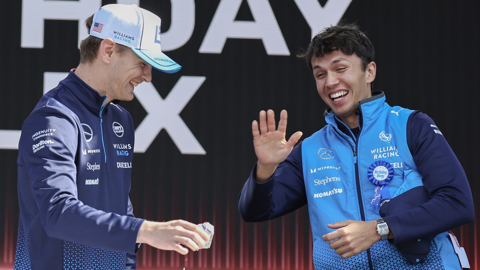 Logan Sargeant (L) of the U.S. and Williams Racing, and Alexander Albon of Thailand