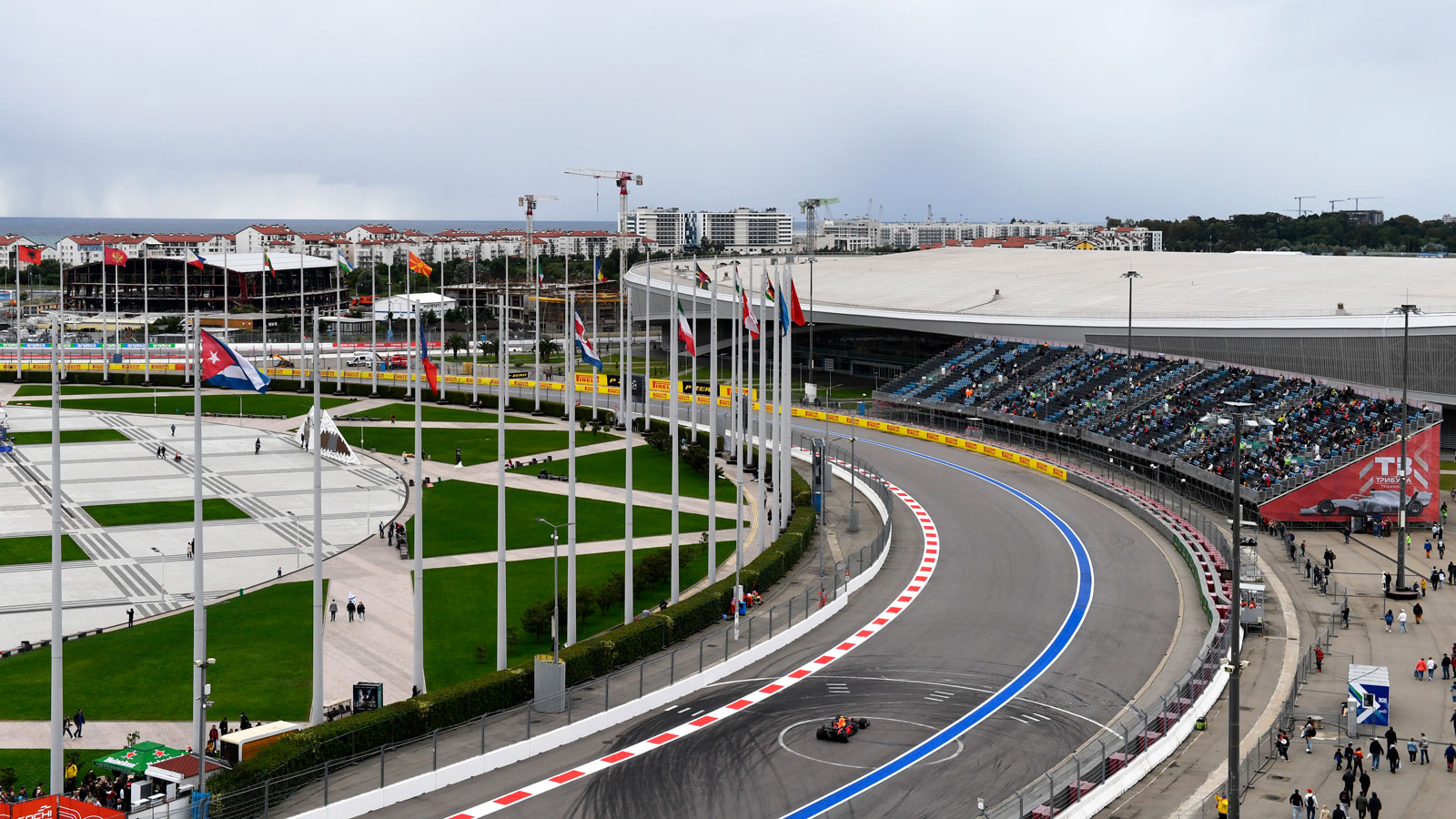 A photo of an F1 car racing round a corner of the Sochi Autodrome. 