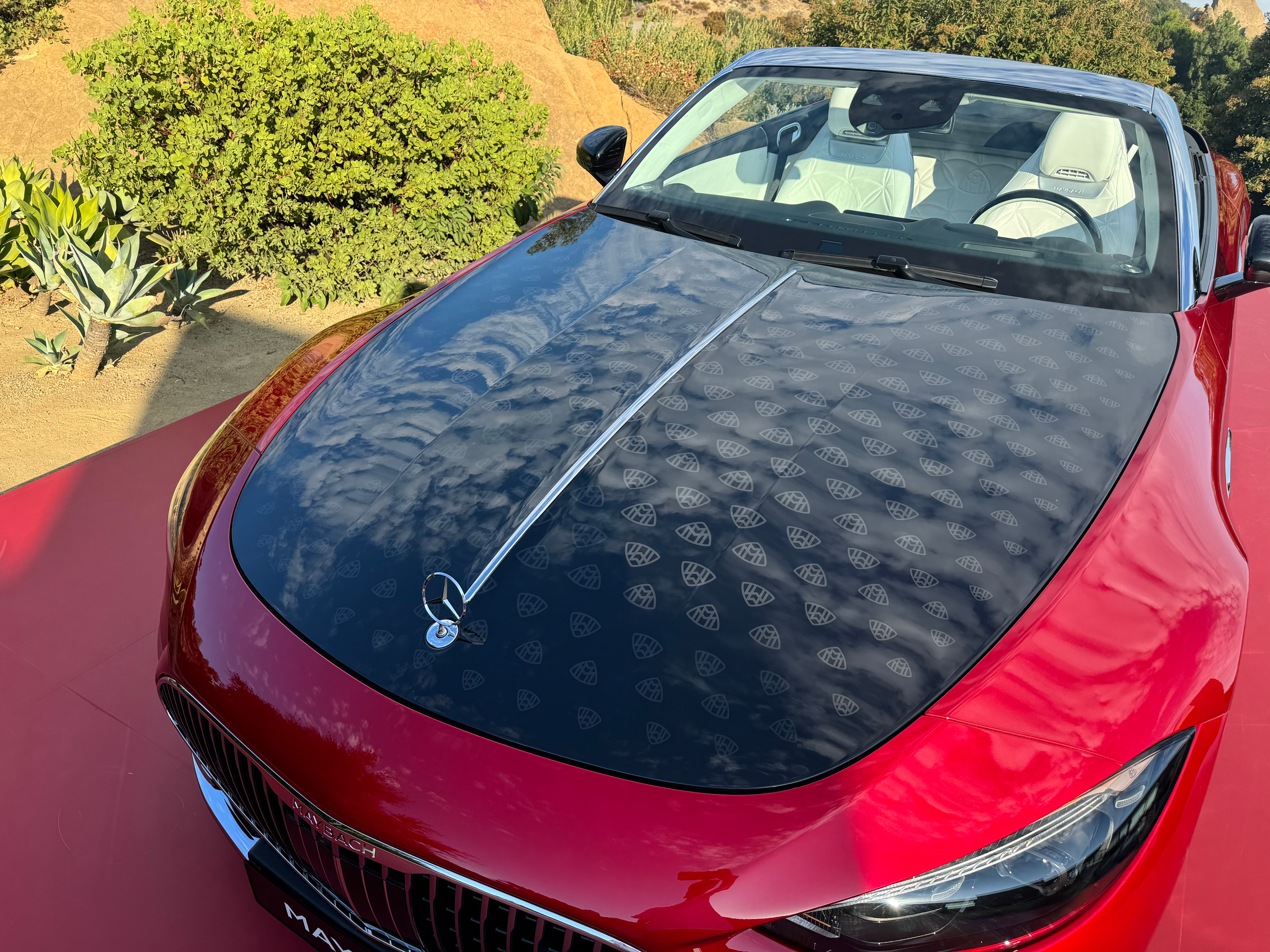 Hood of a red Mercedes-Maybach SL680 Monogram Series